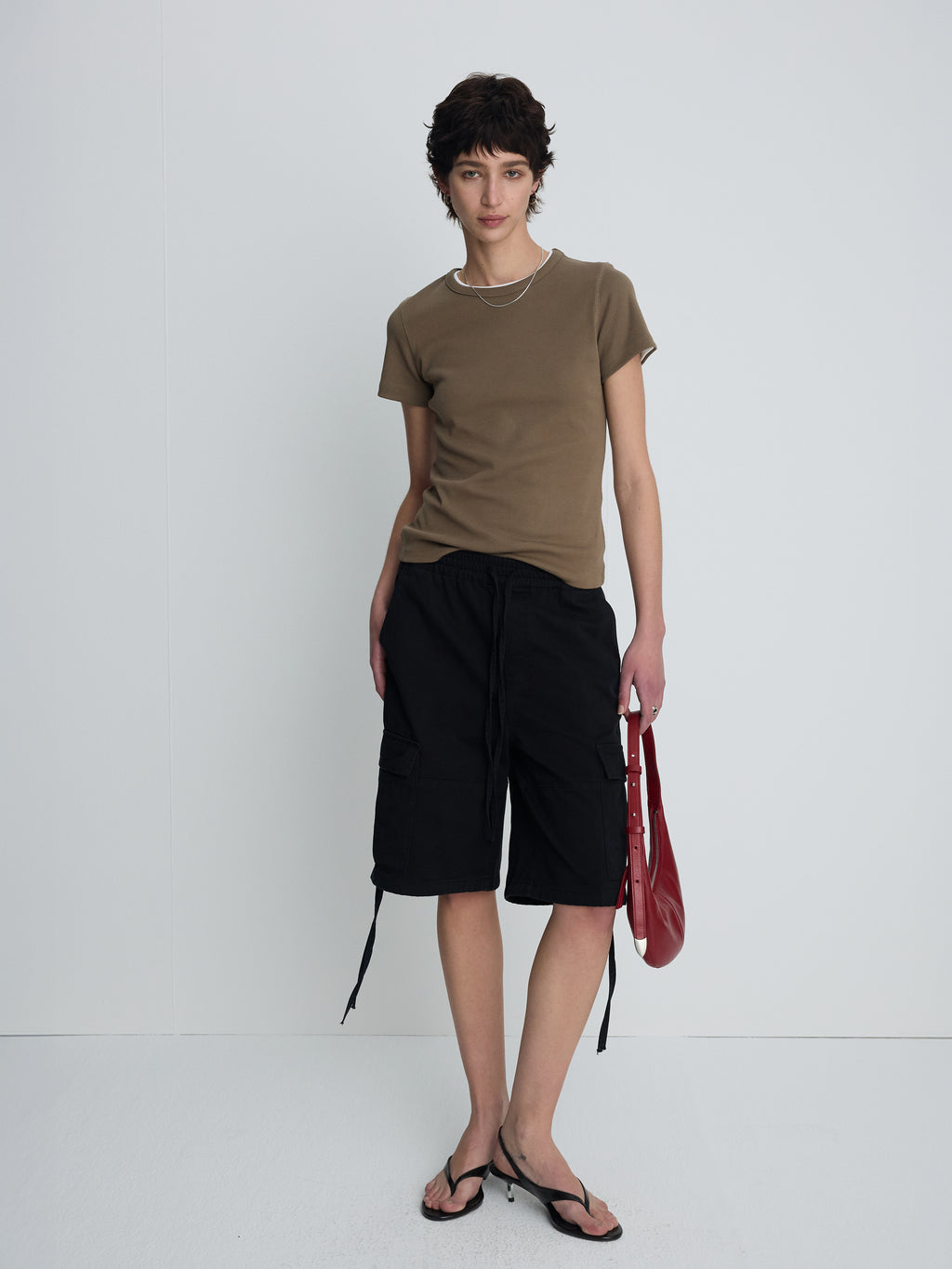 (W) RIBBED HALF SLEEVE T-SHIRTS_ TAUPE