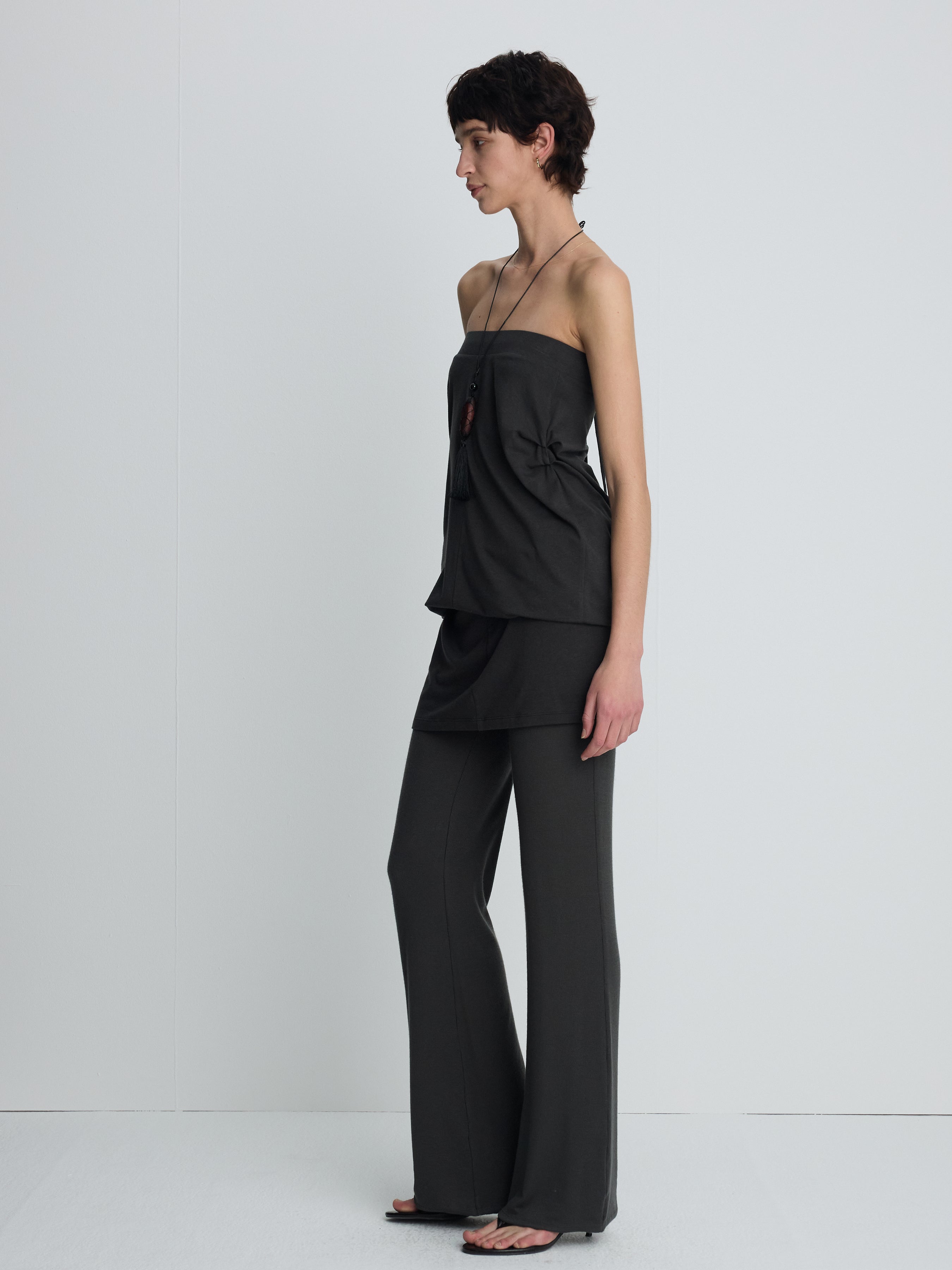 (W) TENCEL RIBBED FLARED PANTS_ OLIVE CHARCOAL