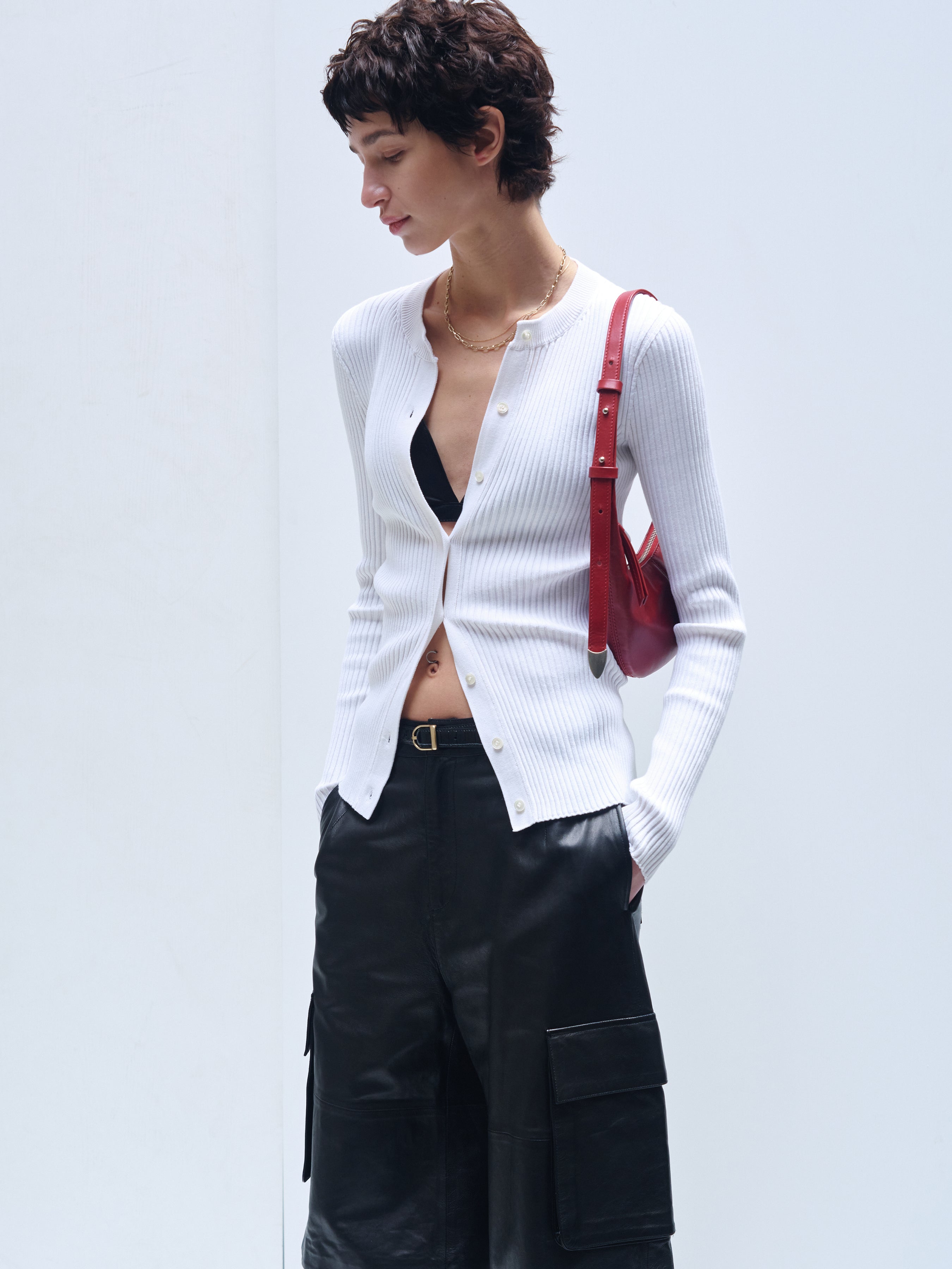 (W) SILK COTTON RIBBED BUTTON CARDIGAN_ OFF WHITE