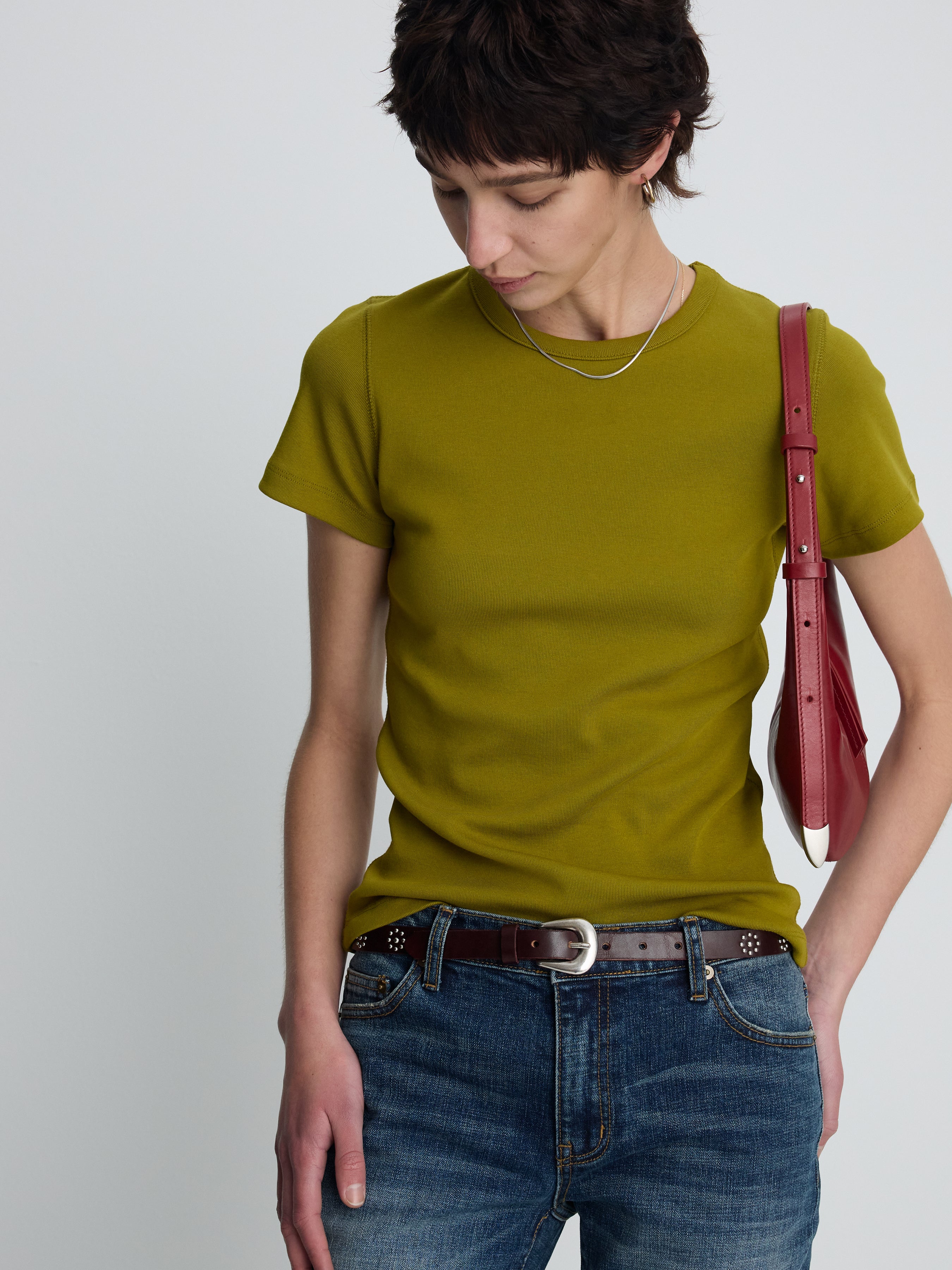 (W) RIBBED HALF SLEEVE T-SHIRTS_ OLIVE