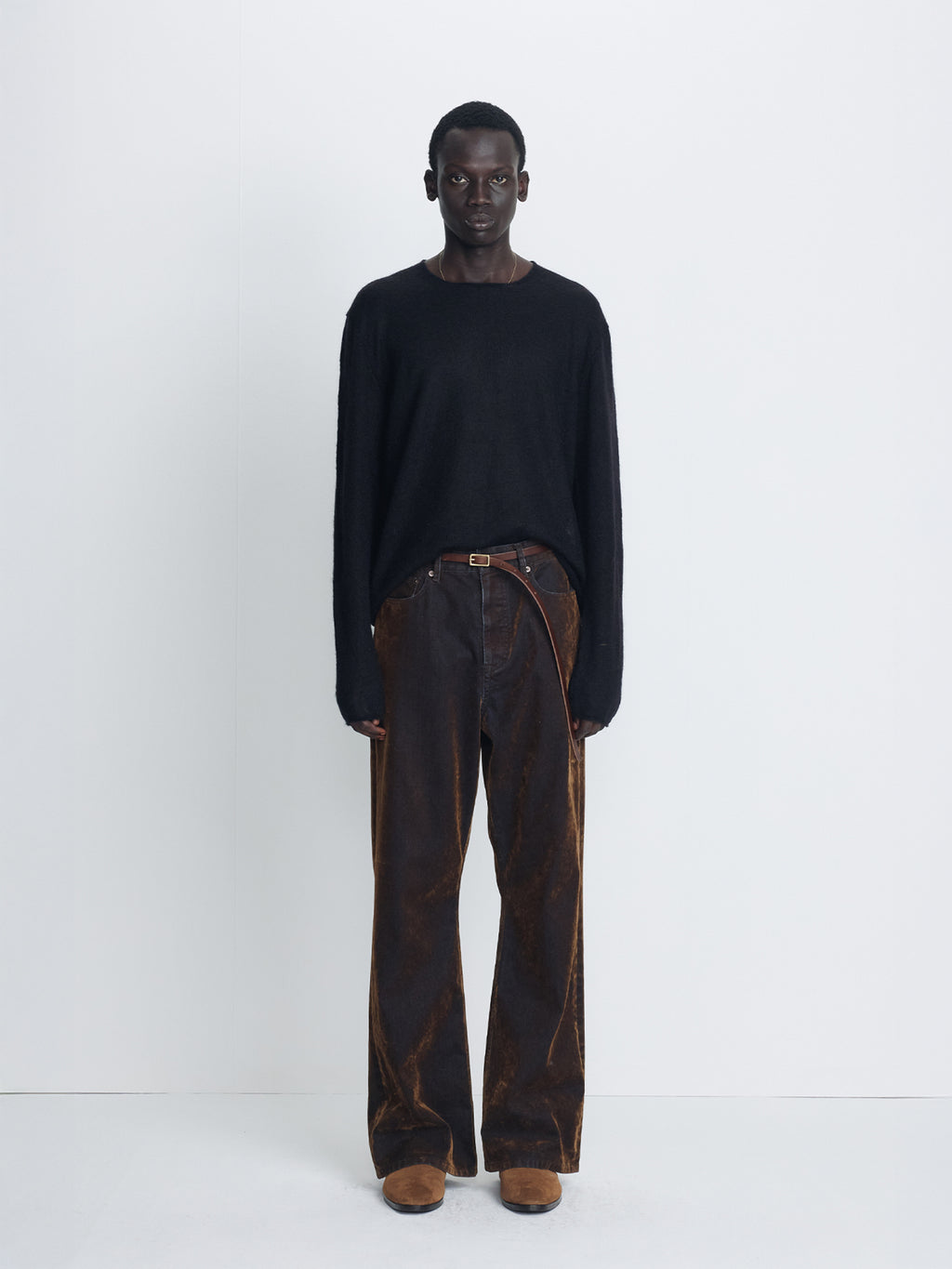 FLOCKED DENIM LOOSE FLARED PANTS_ BROWN