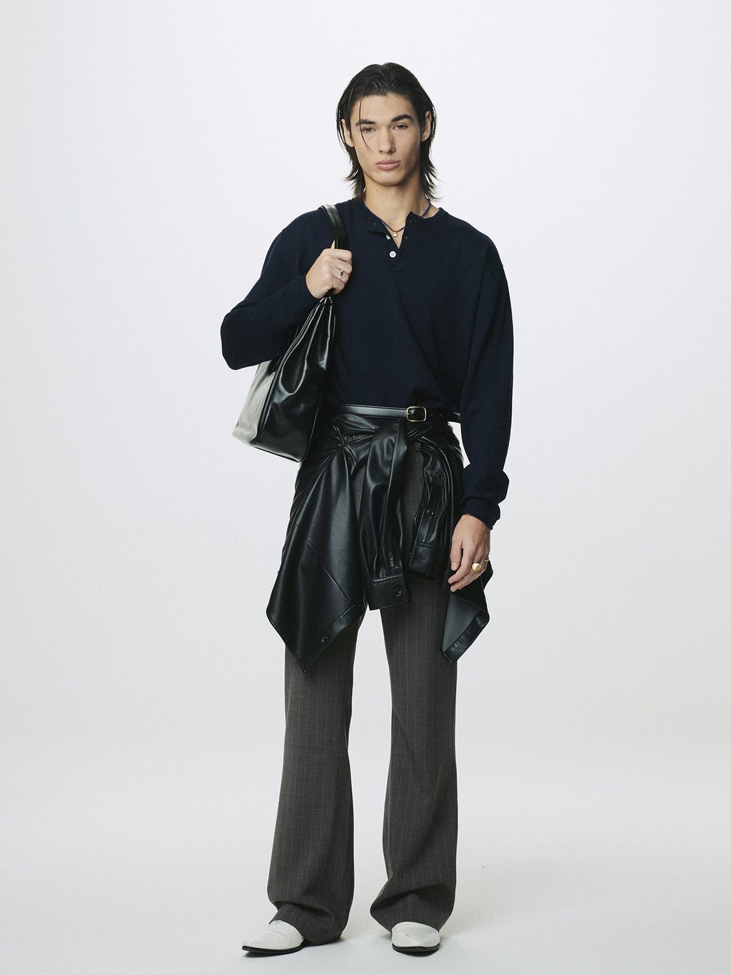 EXTRA FINE WOOL RAW HEM HENLEY NECK KNIT_ NAVY