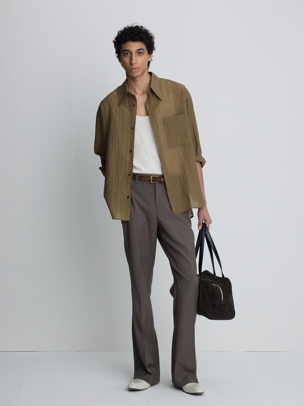 LYOCELL OVERSIZED STRIPE SHIRT_ OLIVE STRIPE