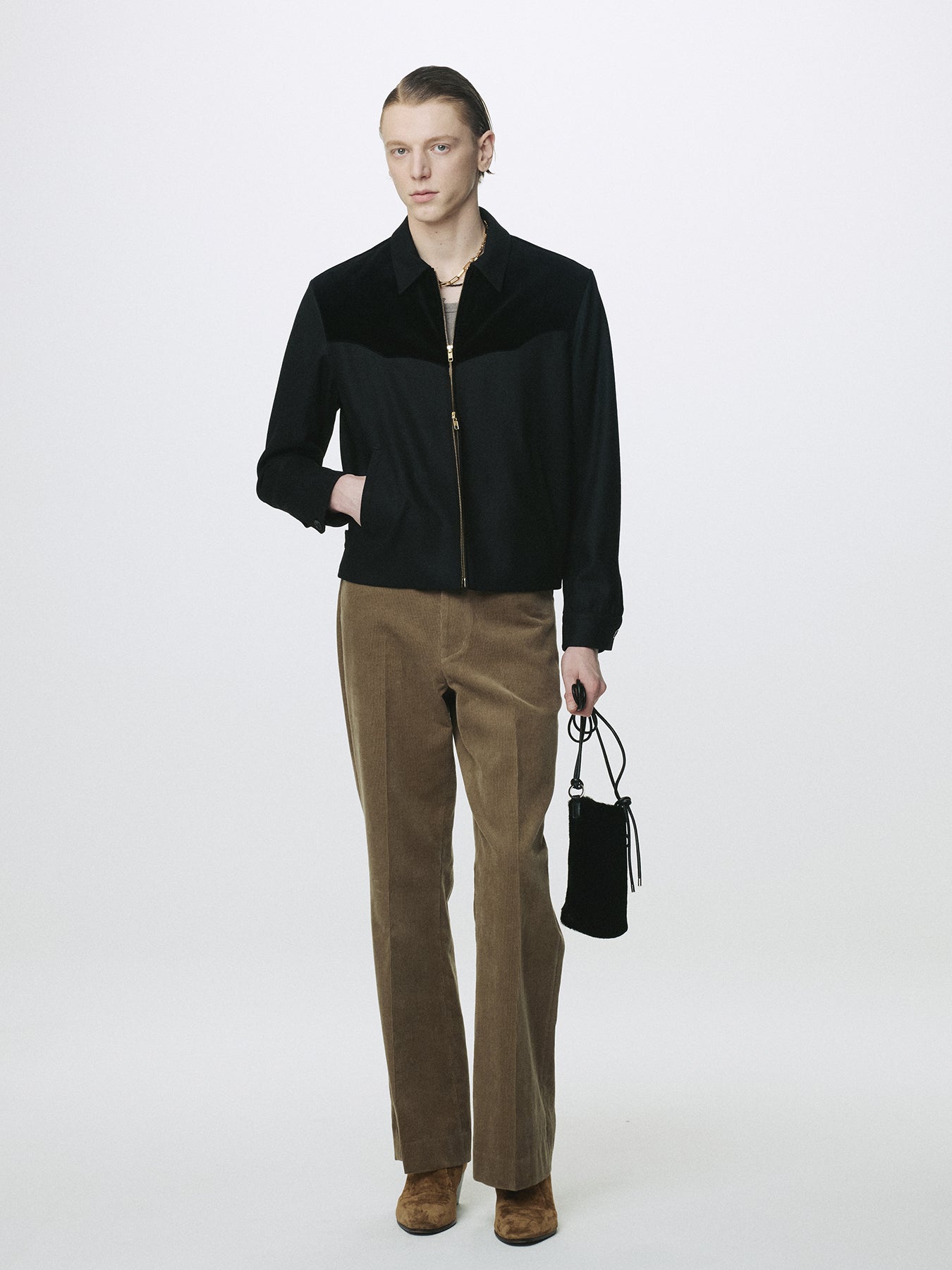 WOOL VELVET TRIMMED BLOUSON JACKET_ BLACK
