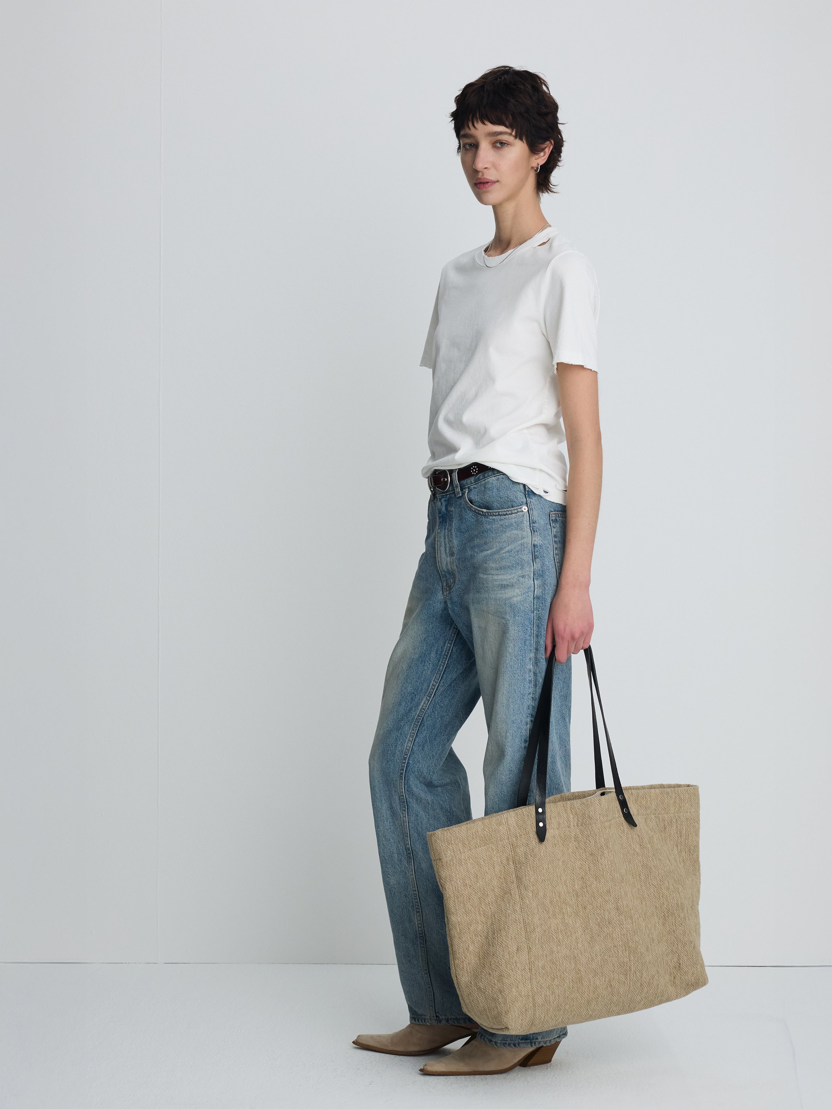 (W) HAND DISTRESSED VINTAGE COTTON T-SHIRT_ WHITE