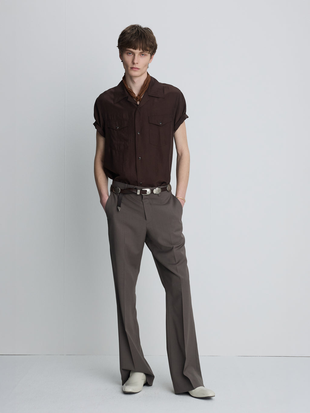 WASHED RAYON PEARL SNAP SHIRT_ BROWN