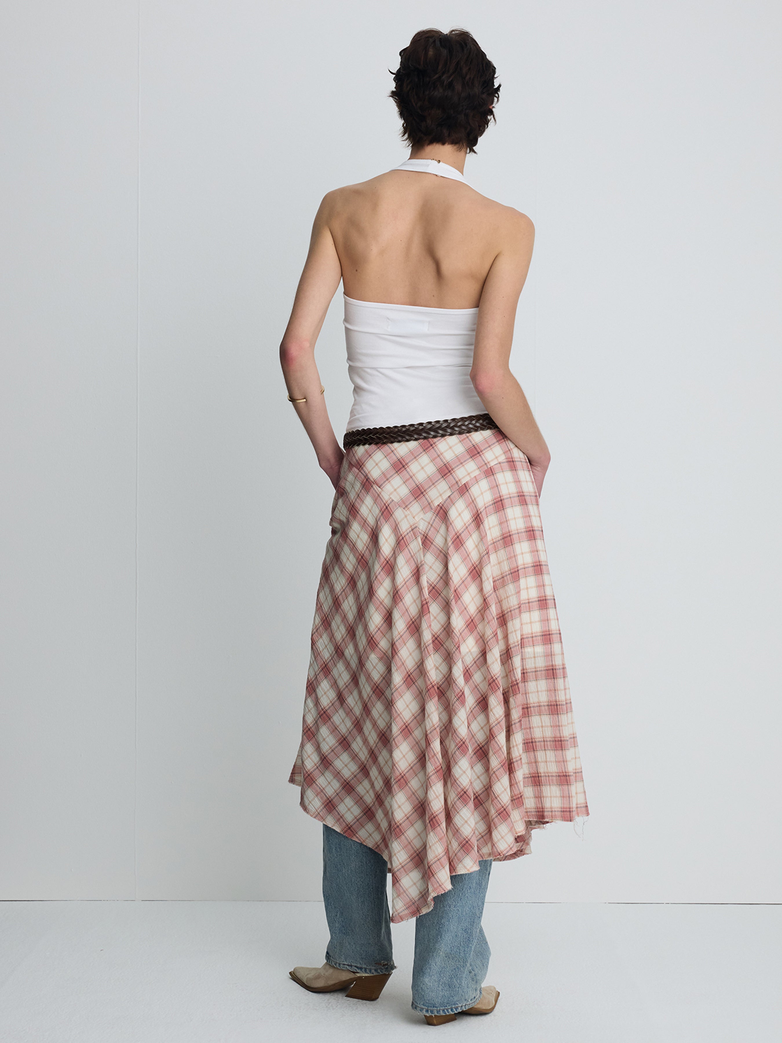 (W) COTTON CHECK PATCHWORK SKIRT_ PINK CHECK