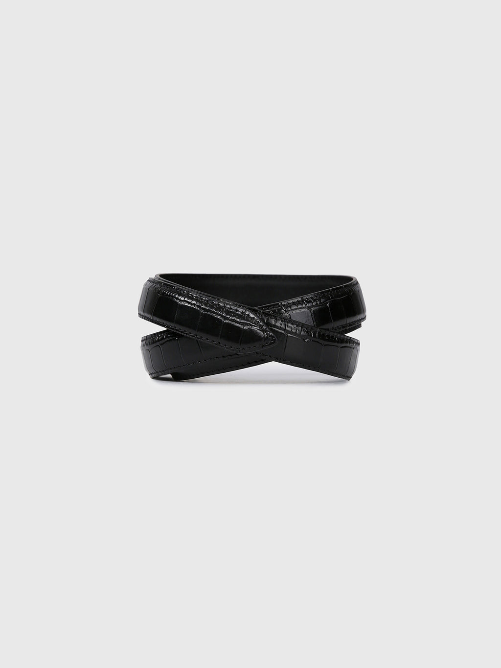 CROCODILE-EMBOSSED LEATHER BRASS BUCKLE BELT_ BLACK