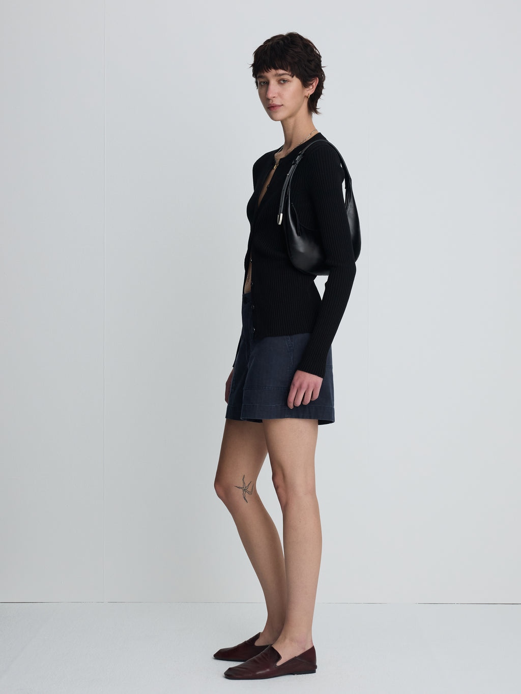 (W) SILK COTTON RIBBED BUTTON CARDIGAN_ BLACK