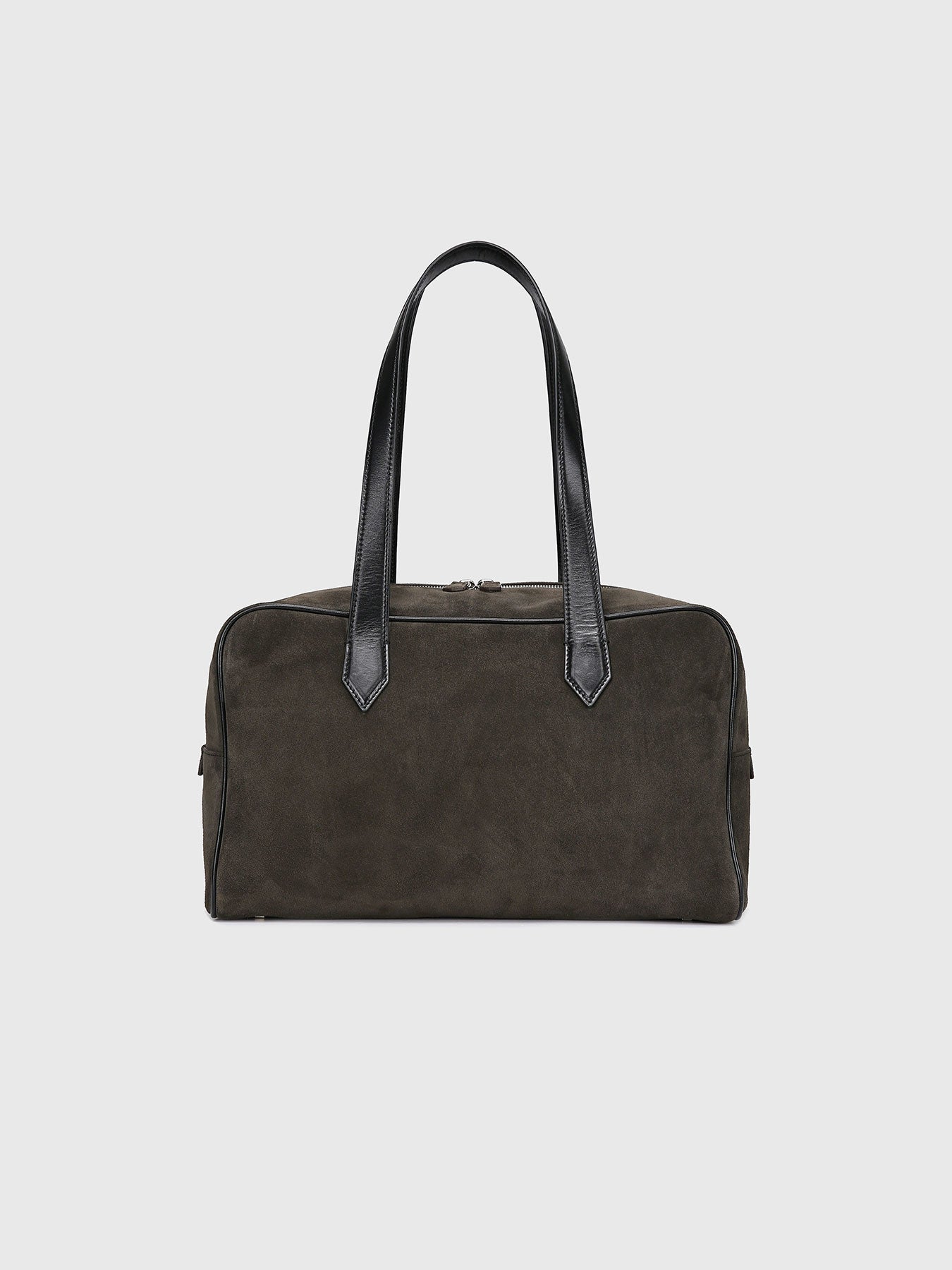 (W)  LEATHER TRIM SUEDE SQUARE VALISE BAG_ DARK PECAN