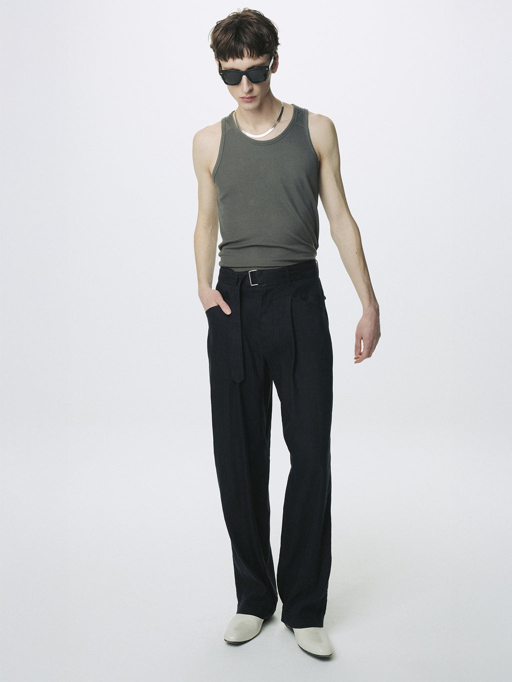 WASHED LINEN BELTED PANTS (ITALIAN FABRIC)_ DARK NAVY