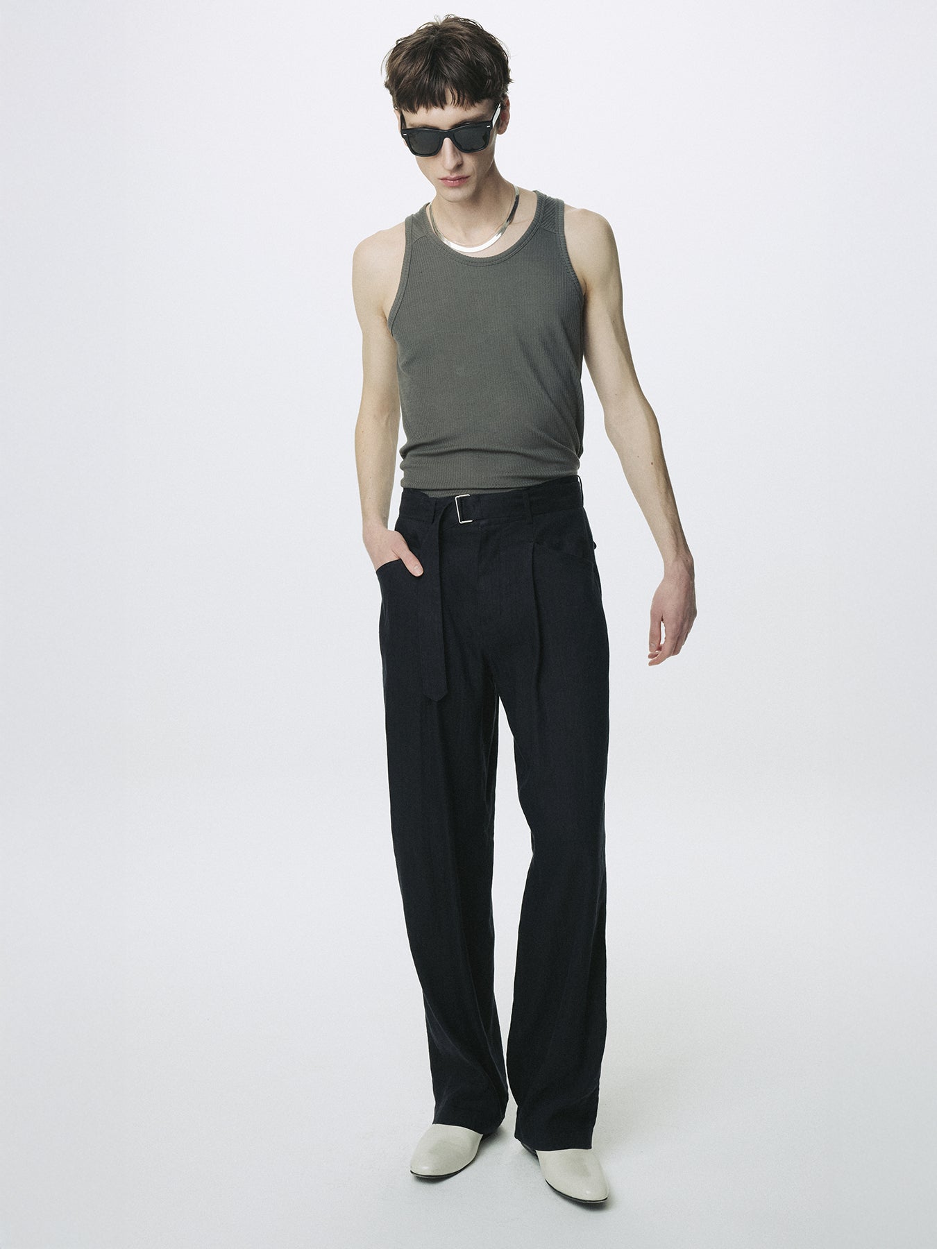 WASHED LINEN BELTED PANTS (ITALIAN FABRIC)_ DARK NAVY