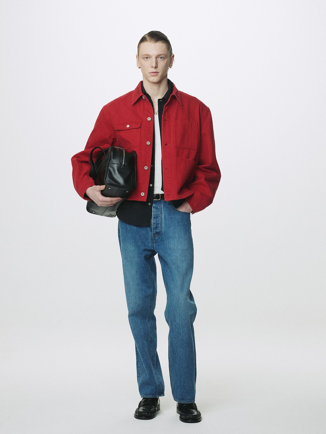 SLUB COTTON CROPPED WORK JACKET_ RED