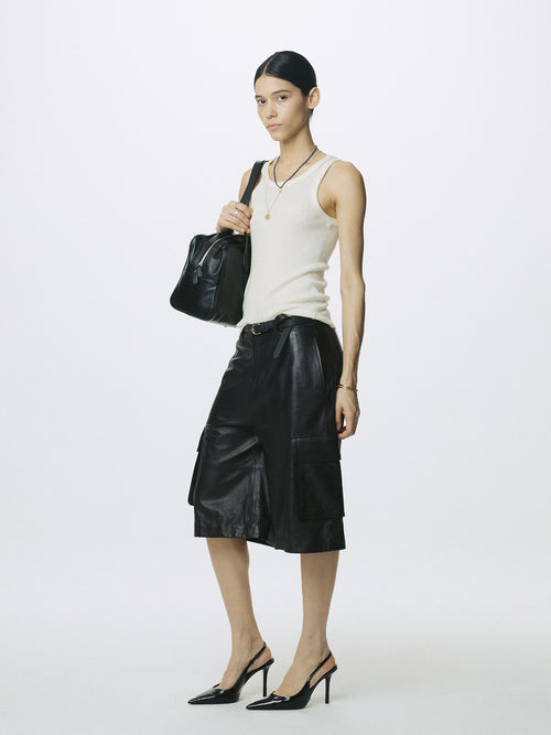 (W) LAMB LEATHER CARGO SHORTS_ BLACK