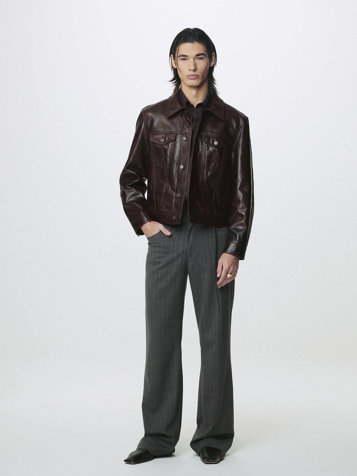 AGED LAMB LEATHER TRUCKER JACKET_ BROWN
