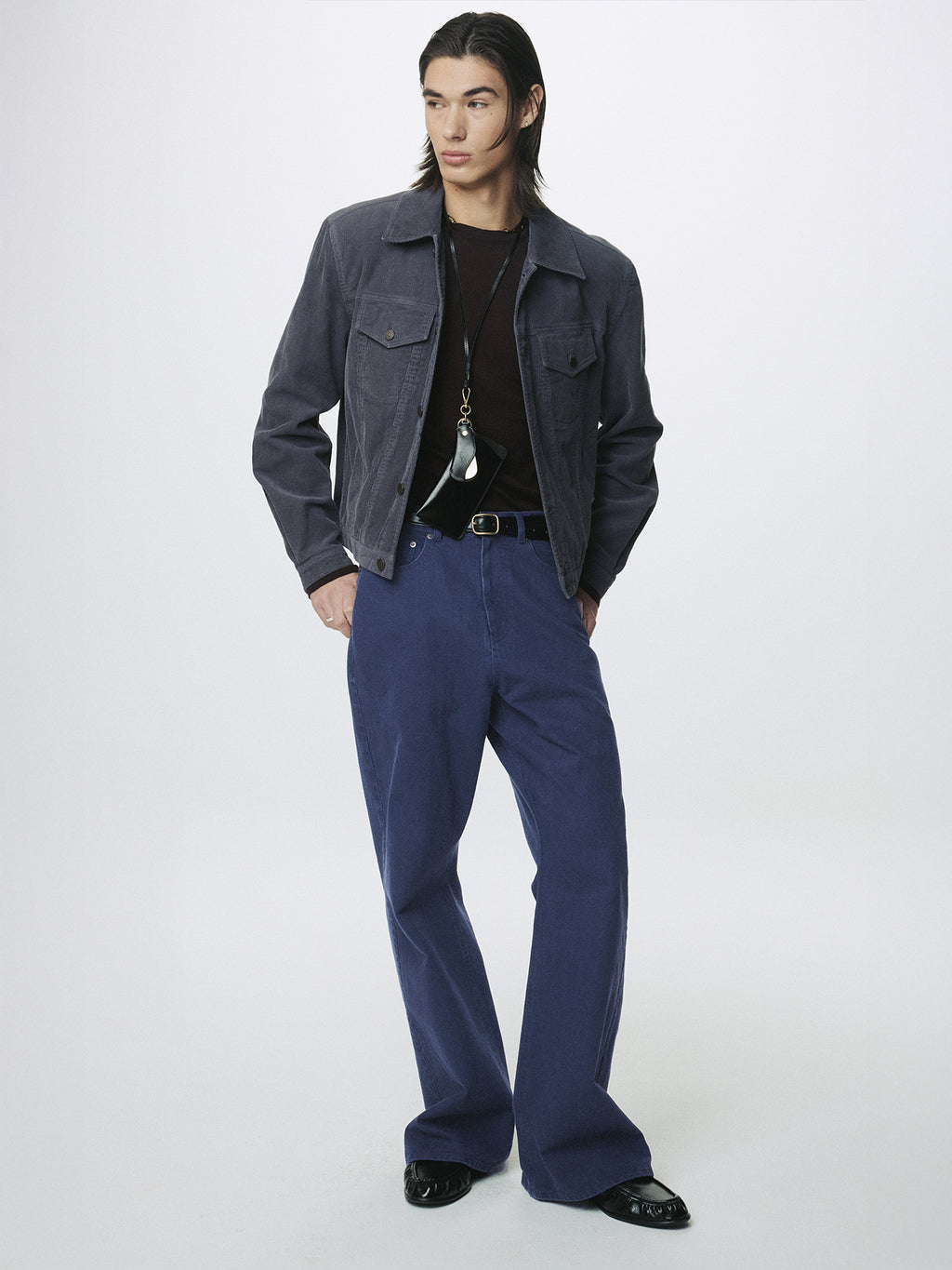 WASHED COTTON TWILL LOOSE FLARED JEANS_ PURPLE BLUE
