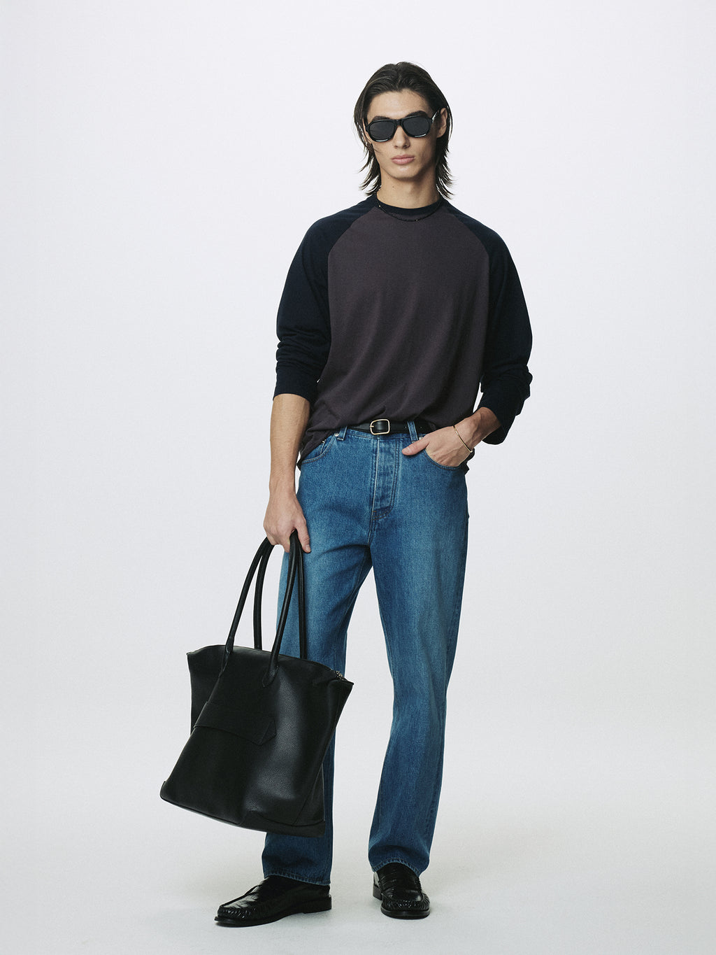 WASHED COTTON BASEBALL LONG SLEEVE_ CARBON/NAVY