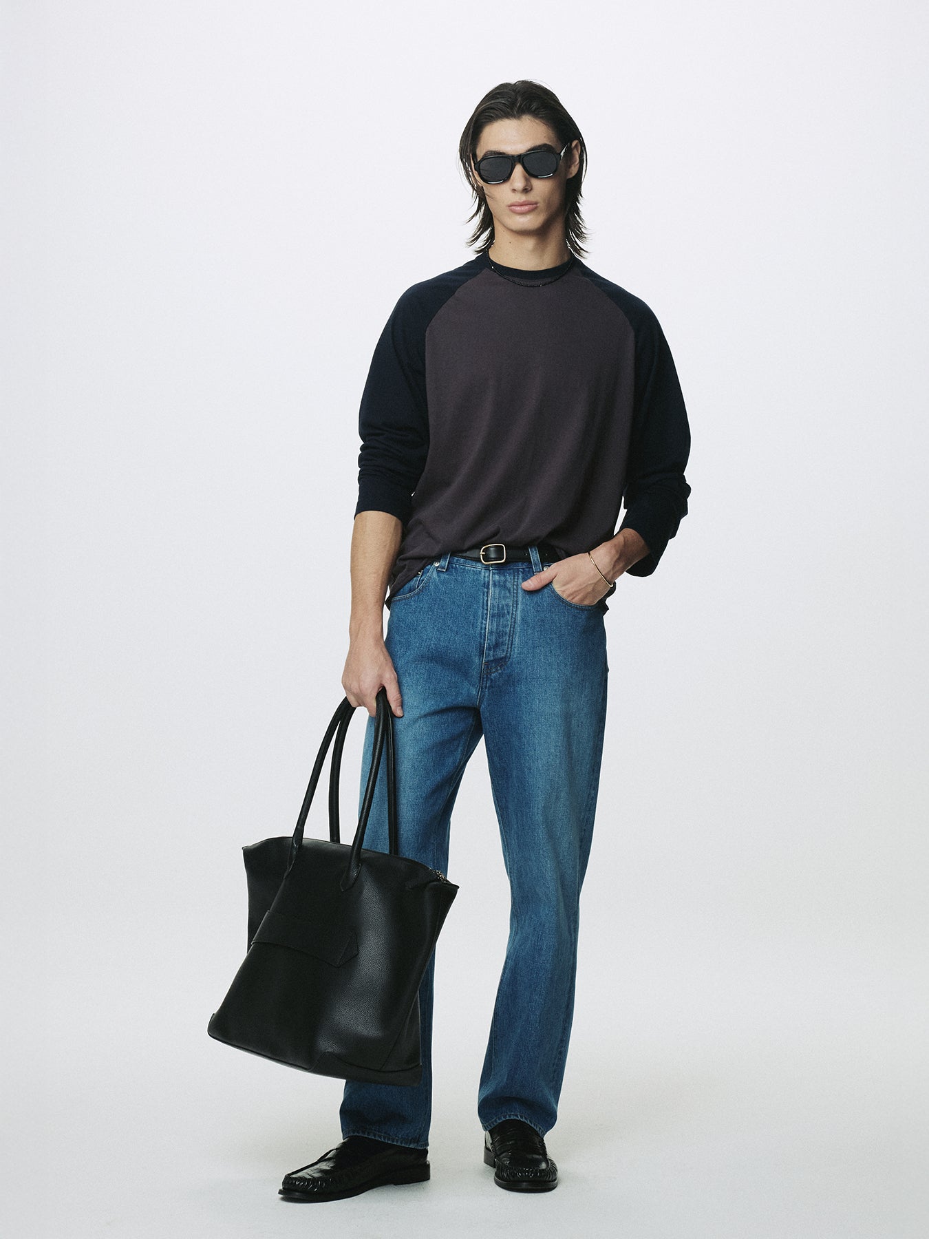 WASHED COTTON BASEBALL LONG SLEEVE_ CARBON/NAVY