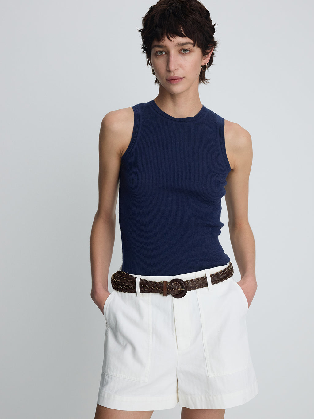 (W) GARMENT WASHED HBT FATIGUE SHORTS_ WHITE