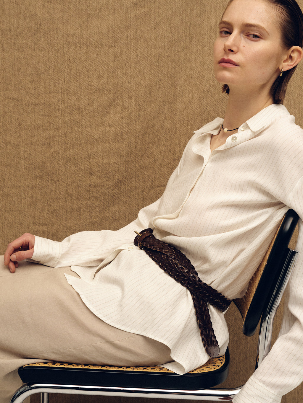 (W) AIRY STRIPED OVER SHIRT_ IVORY