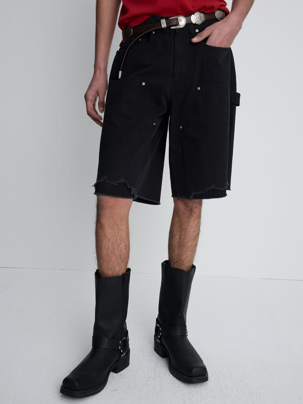 HAND DISTRESSED HBT DOUBLE KNEE SHORTS_ FADED BLACK