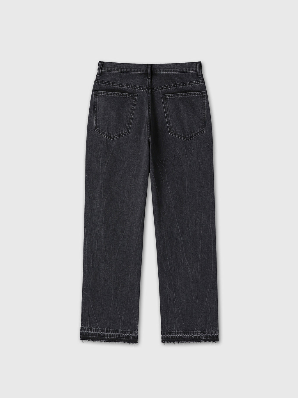 FRAYED HEM LOOSE STRAIGHT DENIM JEANS_ WASHED BLACK