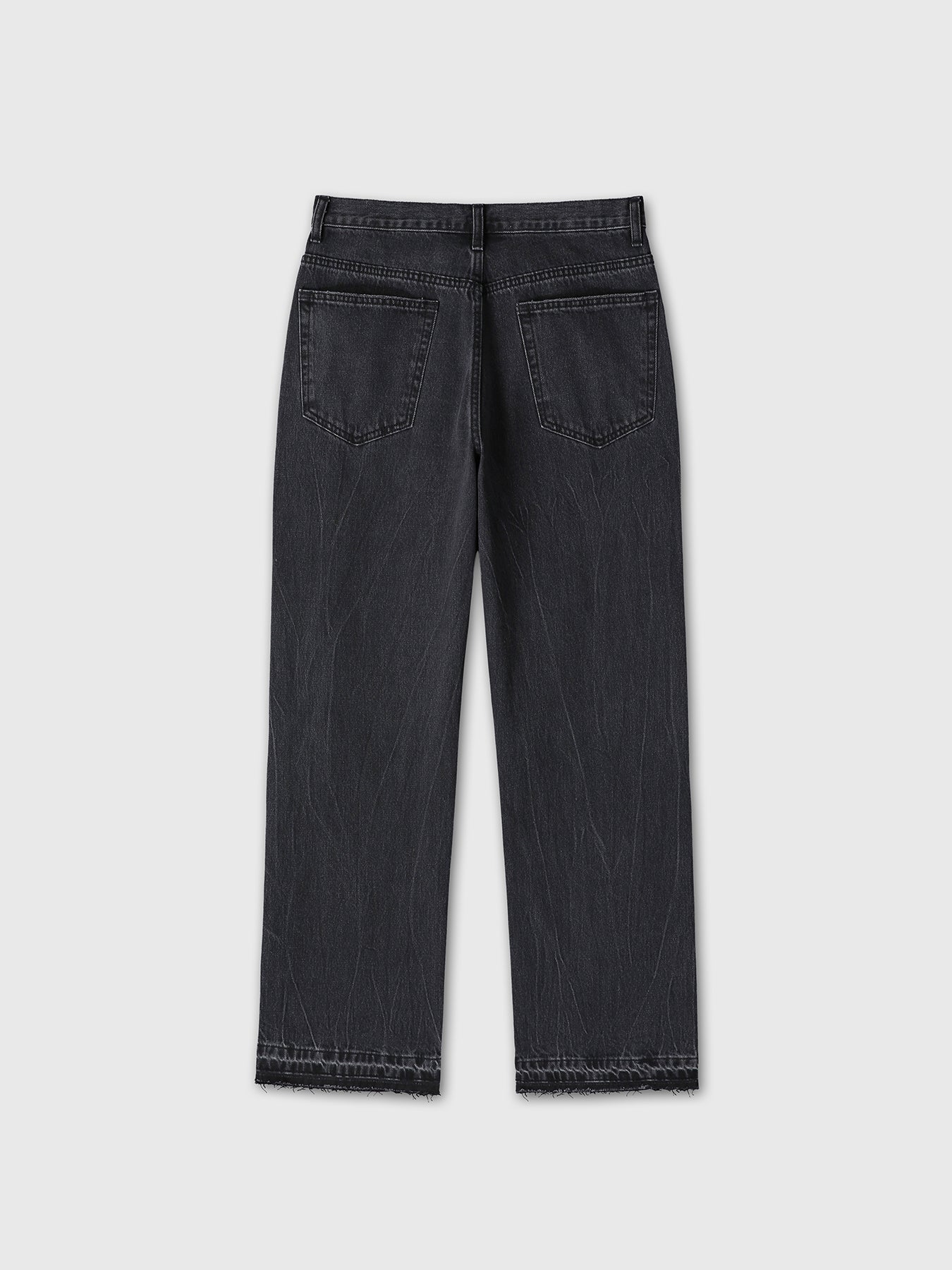 FRAYED HEM LOOSE STRAIGHT DENIM JEANS_ WASHED BLACK