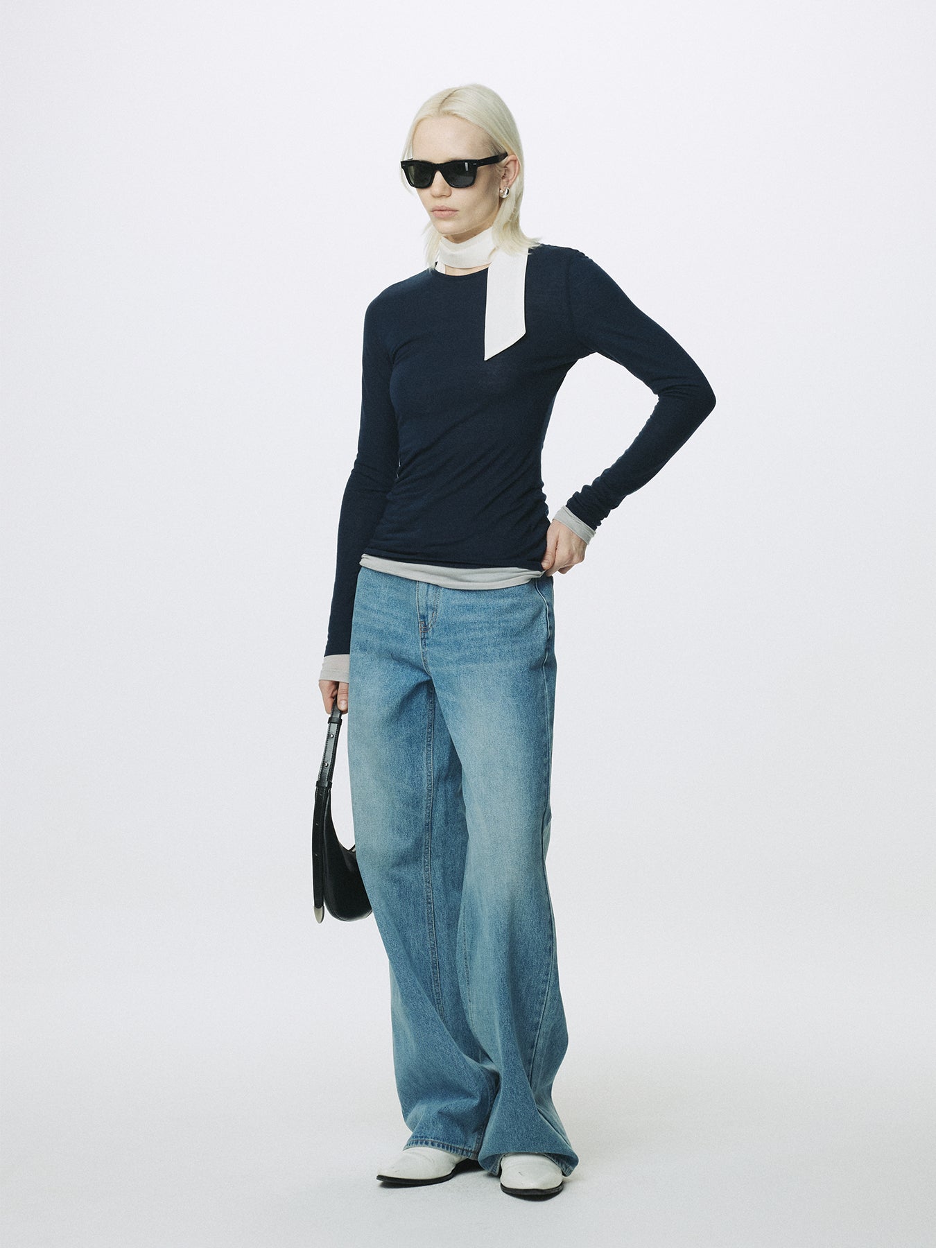 (W) TENCEL LAYERED LONG SLEEVE_ NAVY/GREY
