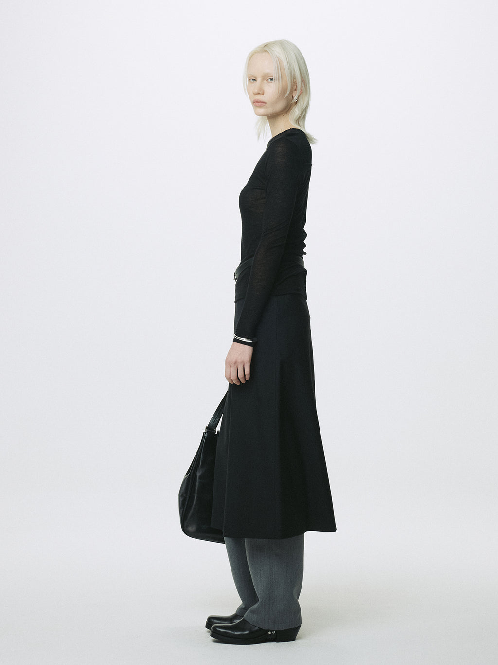 (W) WOOL MIDI SKIRT_ BLACK