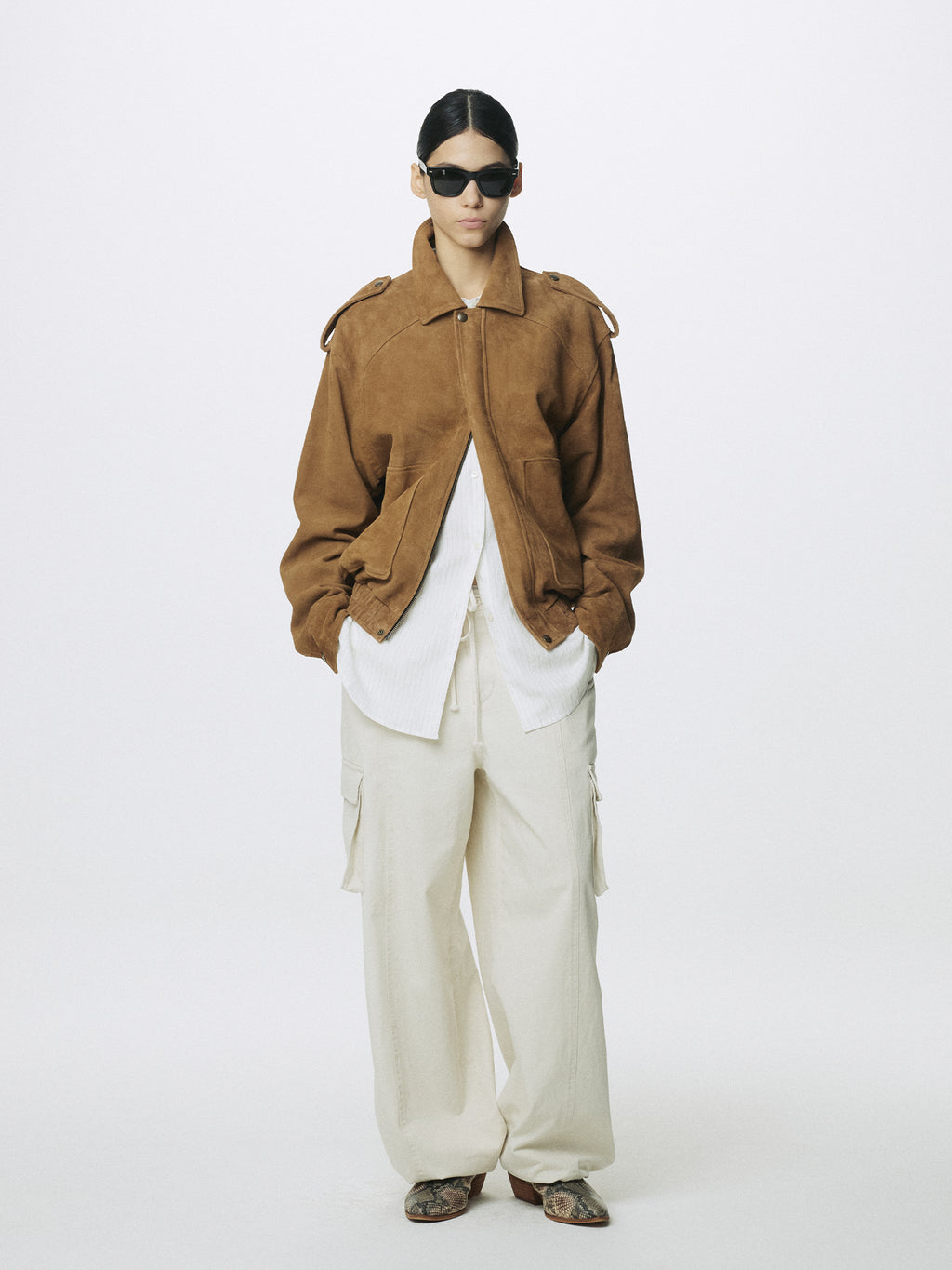 (W) GOAT SUEDE BOMBER JACKET_ CAMEL