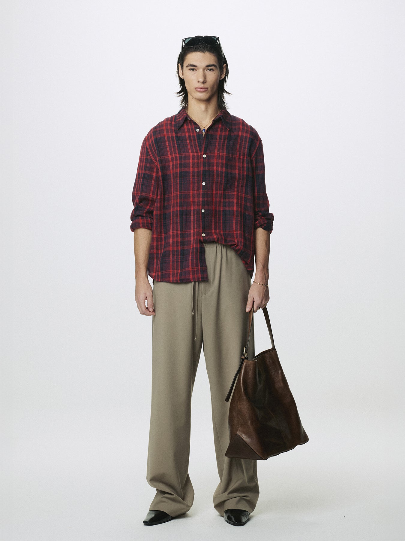 WASHED COTTON BLEND CHECK SHIRT_ RED/BLUE