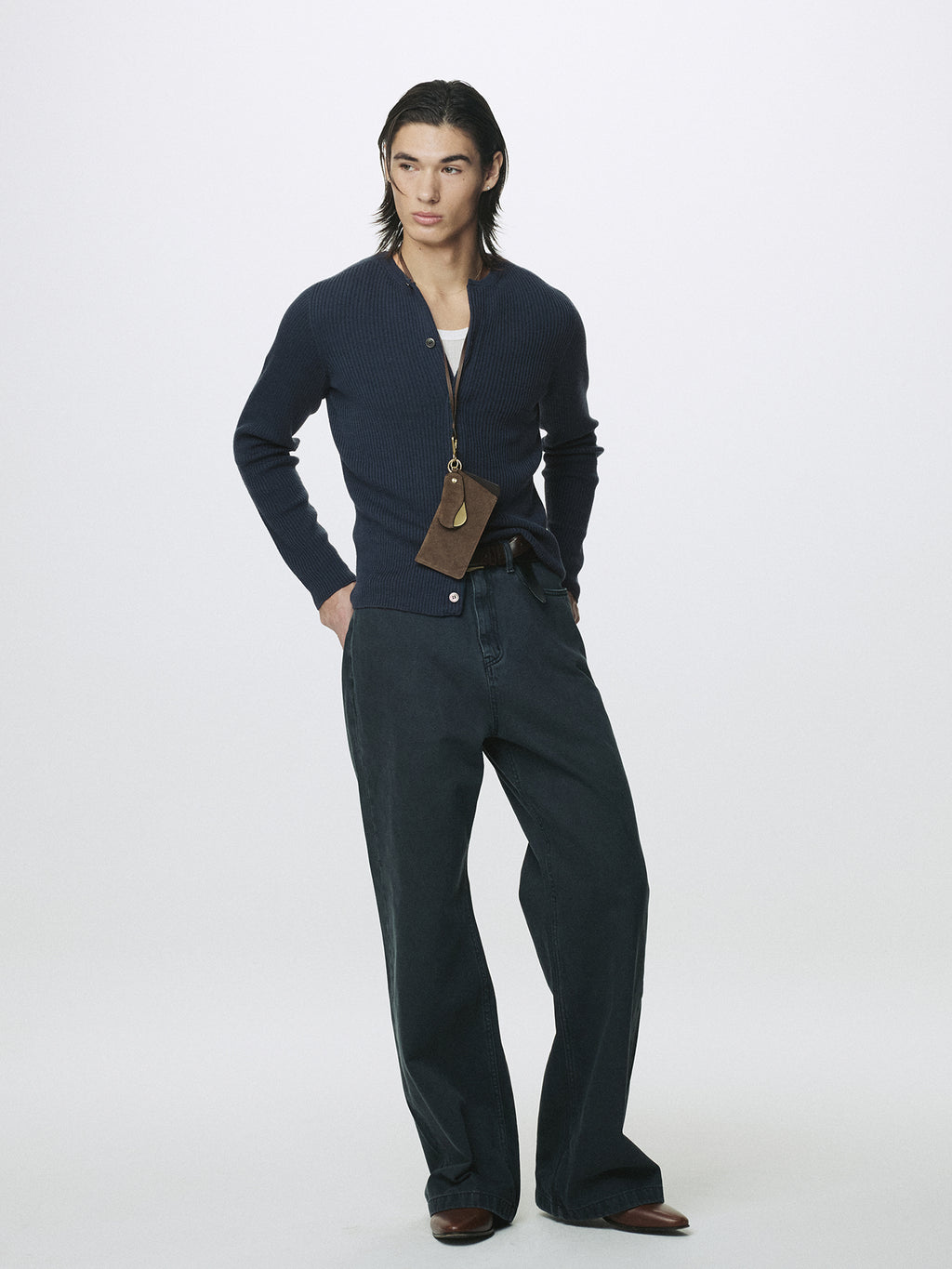 SUPER FINE MERINO WOOL RIBBED CARDIGAN_ SLATE NAVY