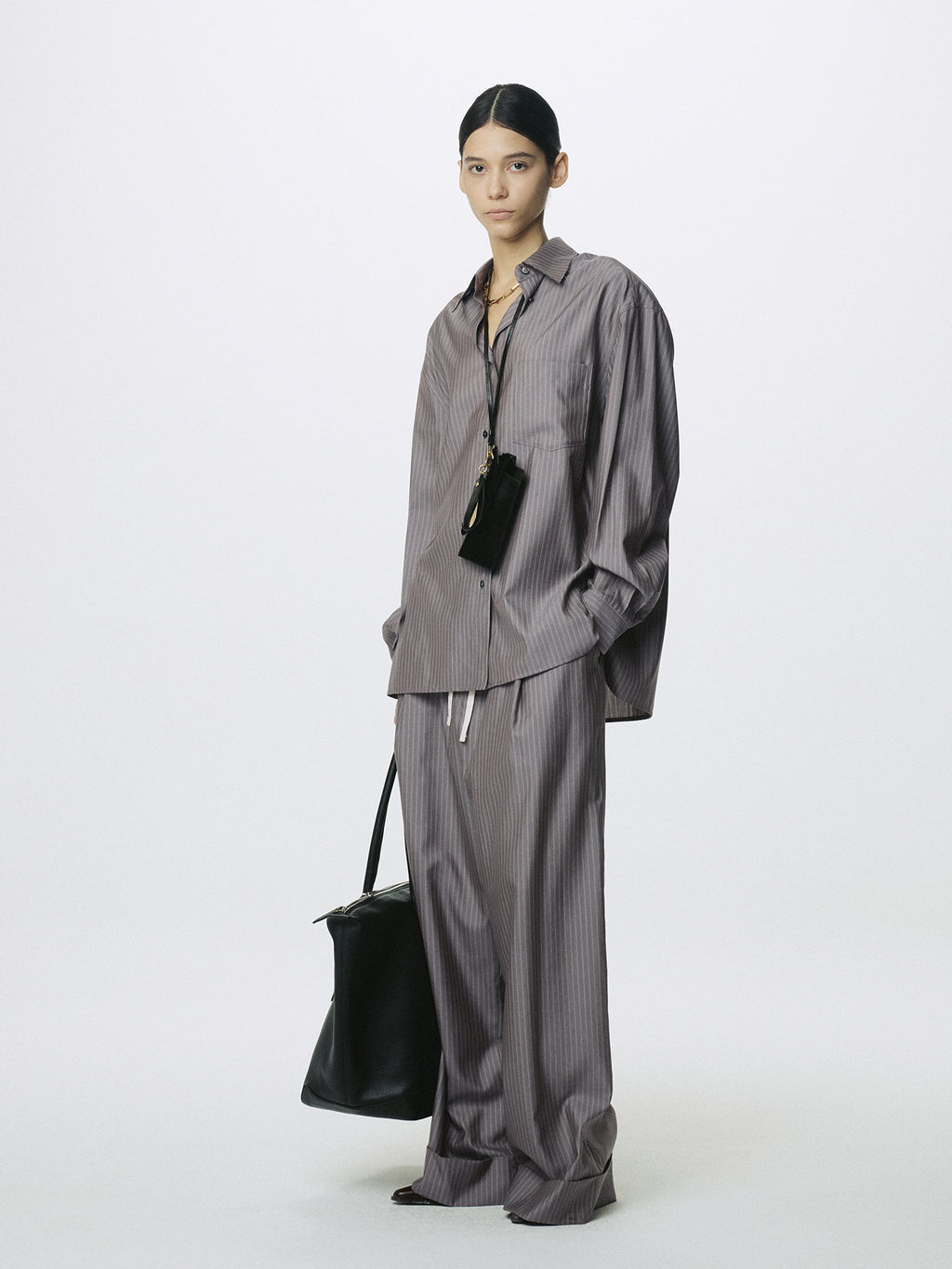 (W) SILK WOOL OVERSIZED RAW EDGE SHIRT_ DARK GREY STRIPE