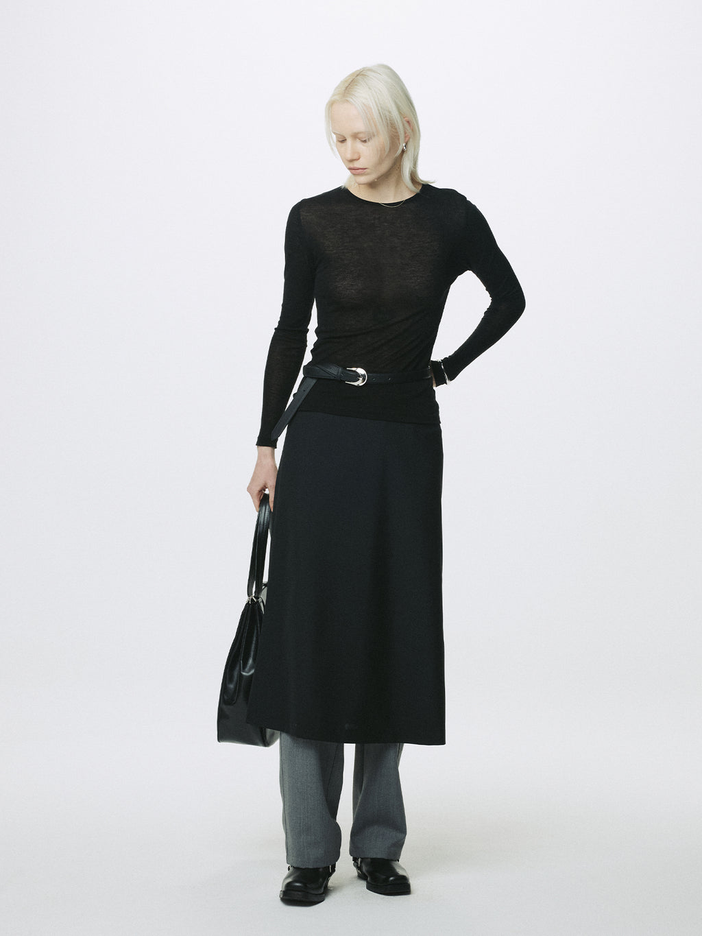 (W) WOOL TENCEL PINTUCK LONG SLEEVE_ BLACK