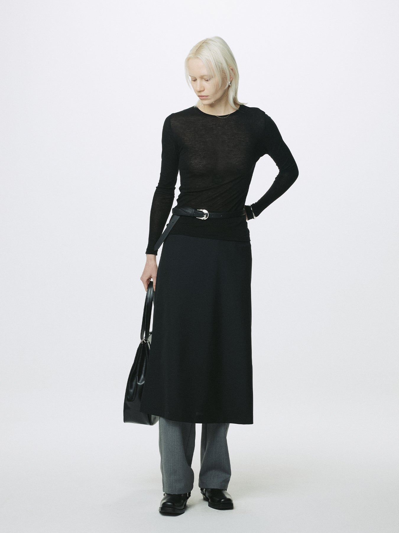 (W) WOOL TENCEL PINTUCK LONG SLEEVE_ BLACK