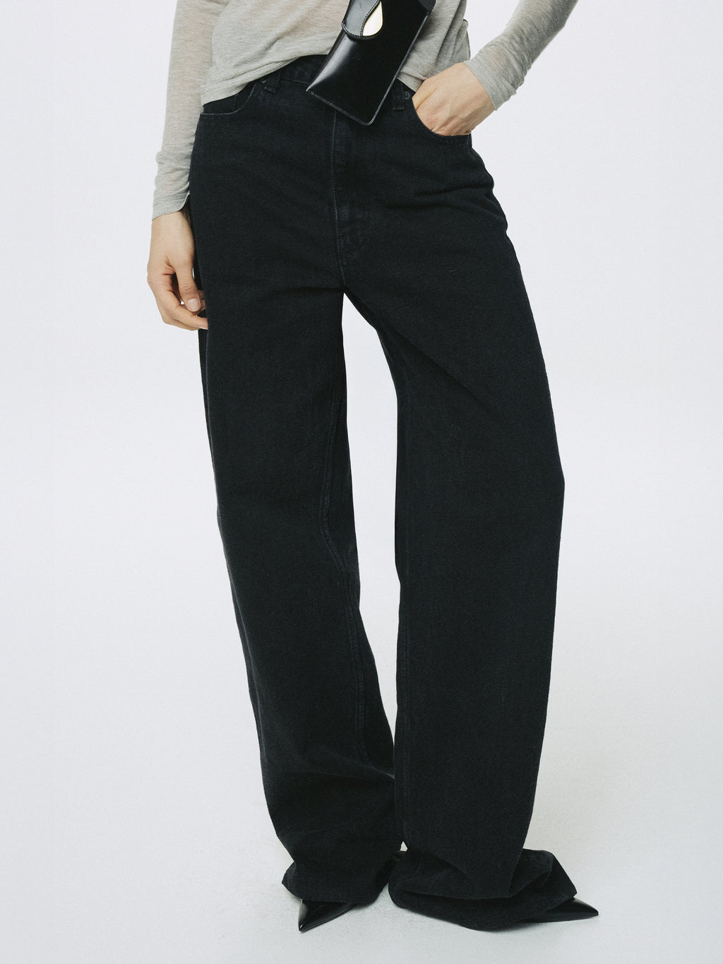 (W) ZIPPED WIDE LEG DENIM_ BLACK