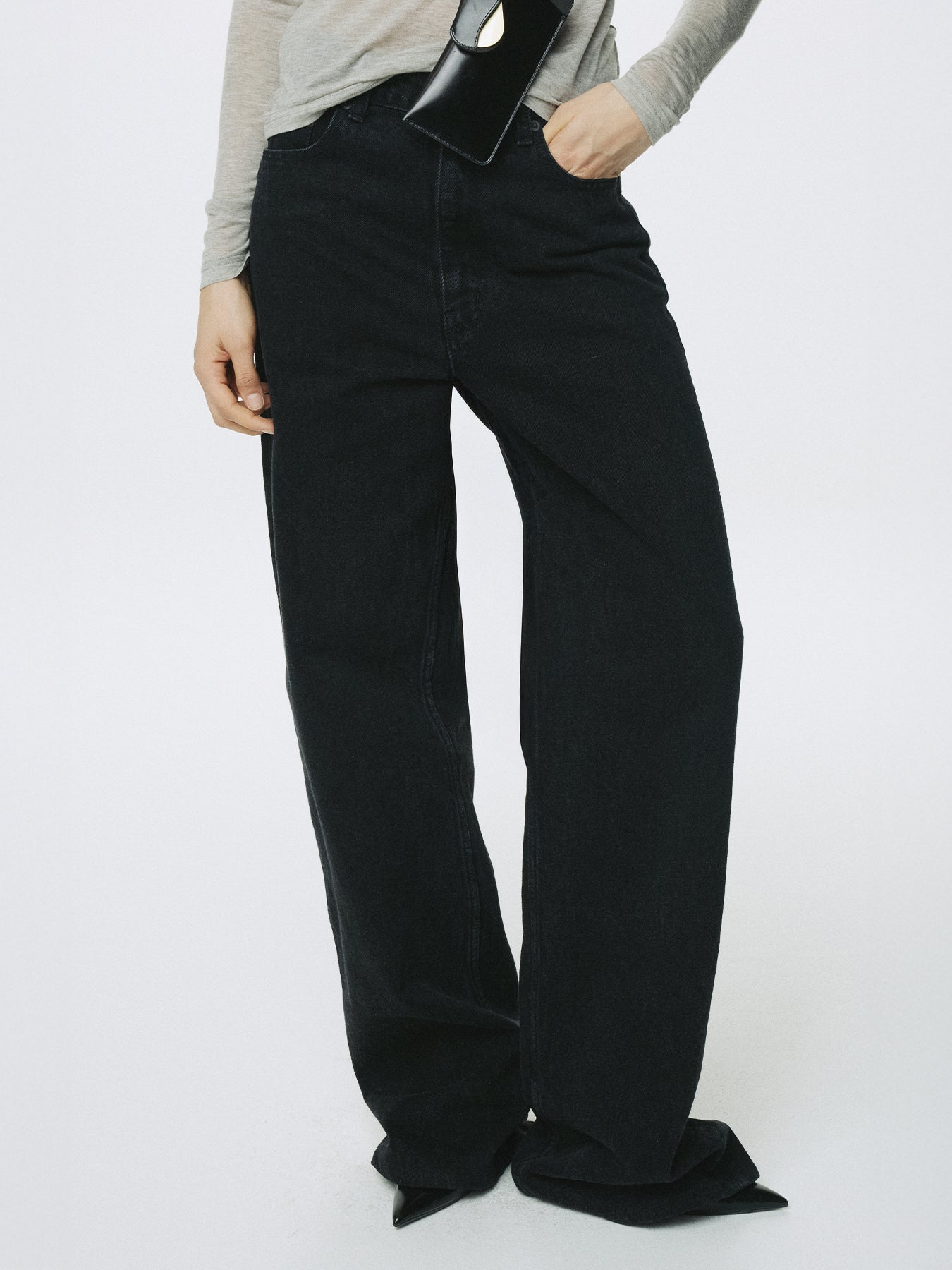 (W) ZIPPED WIDE LEG DENIM_ BLACK