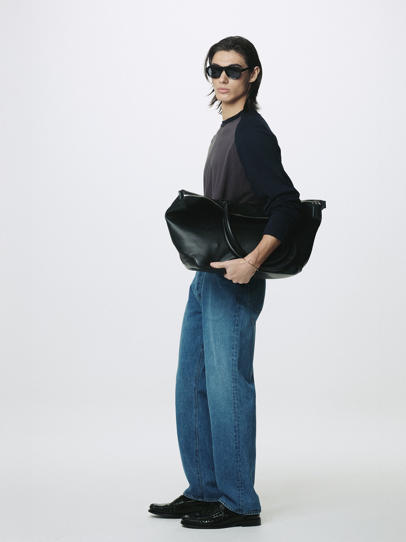 WASHED COTTON BASEBALL LONG SLEEVE_ CARBON/NAVY