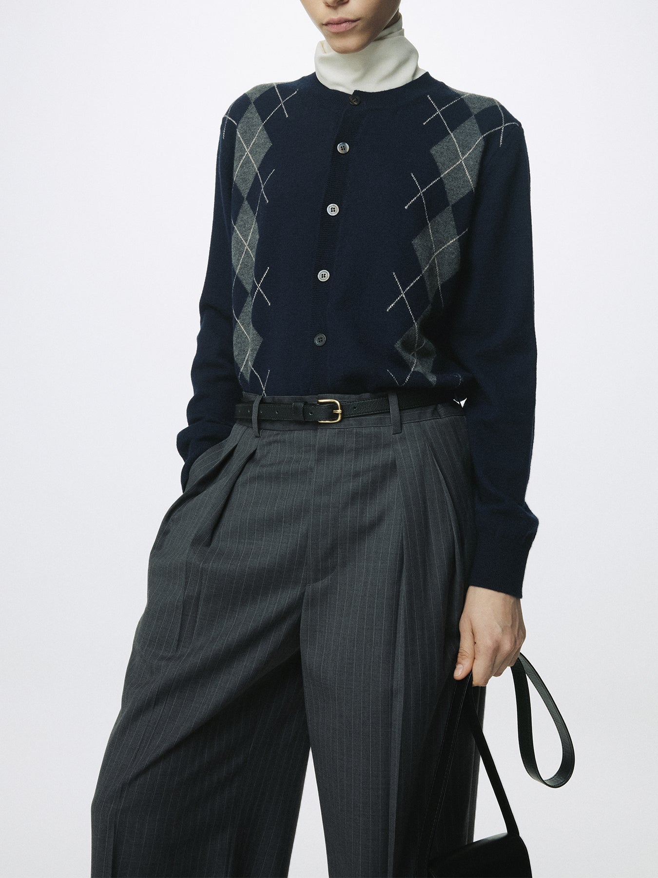 (W) STRIPED WOOL DOUBLE-PLEATED WIDE TROUSERS_ GREY STRIPE