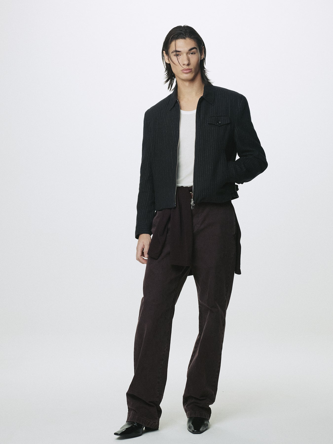 WASHED STRIPED WOOL COTTON BLOUSON_ WASHED  BLACK
