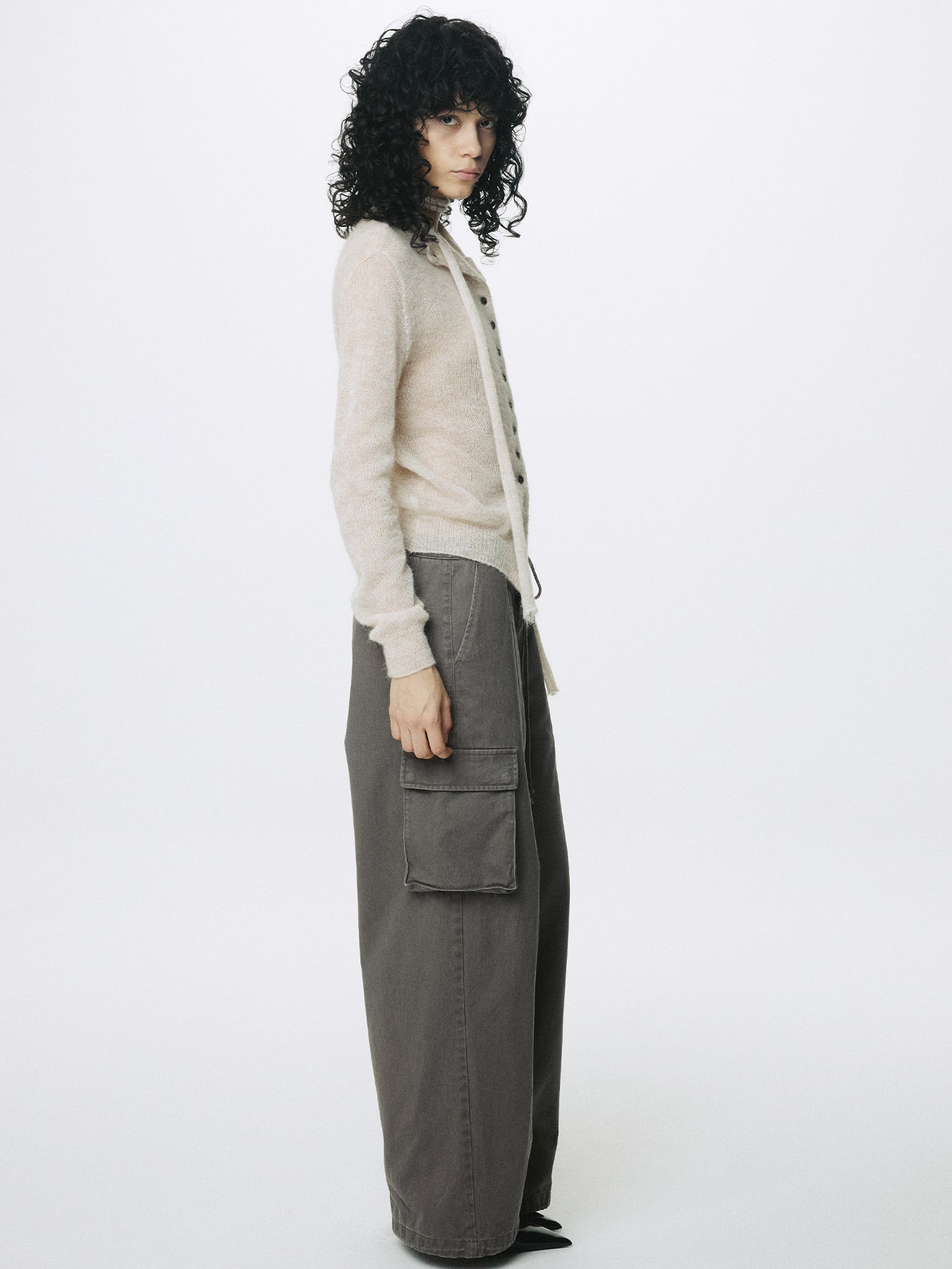 (W) COTTON DRAWSTRING CARGO TROUSERS_ PALE BROWN
