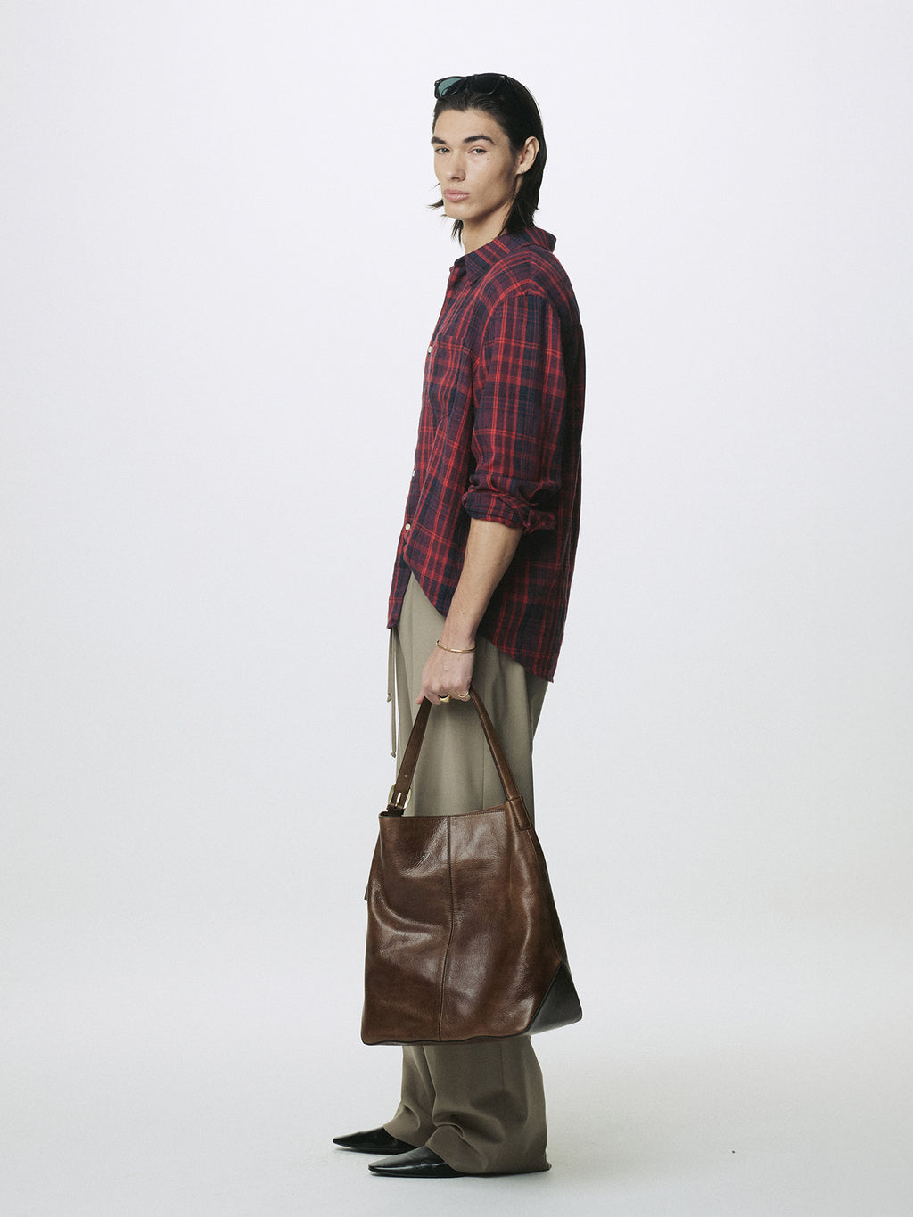 WASHED COTTON BLEND CHECK SHIRT_ RED/BLUE