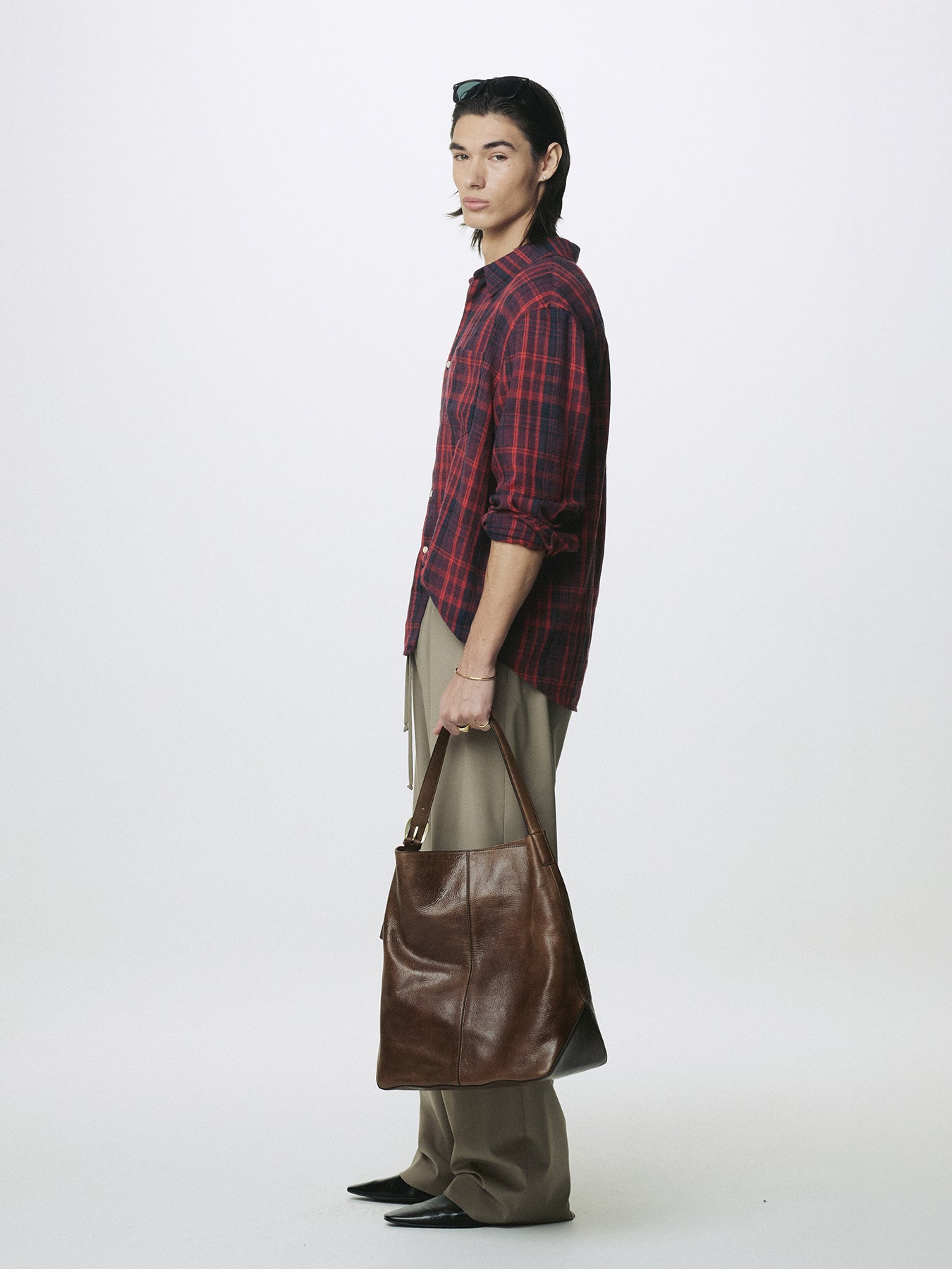 WASHED COTTON BLEND CHECK SHIRT_ RED/BLUE