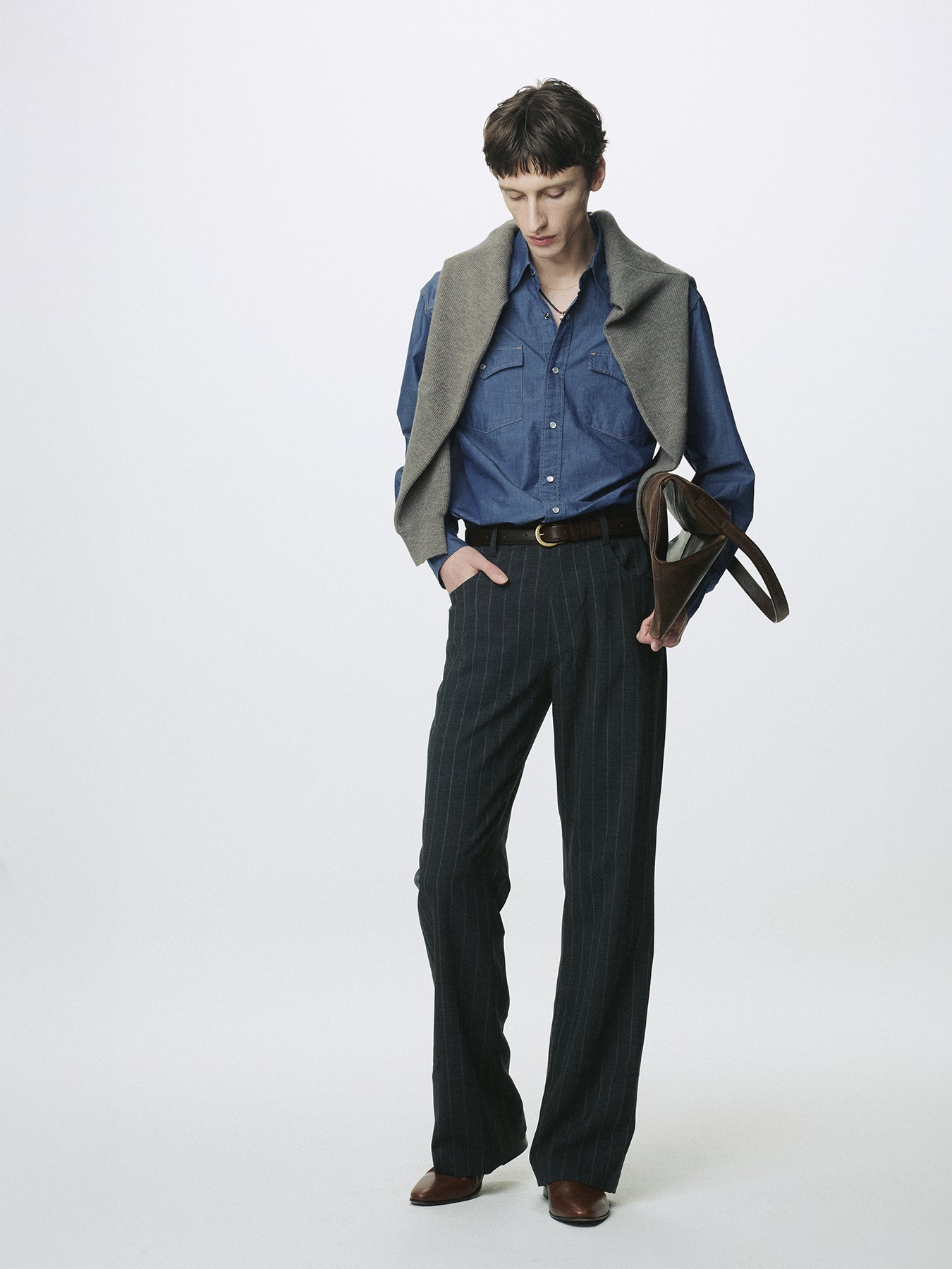 WASHED CHAMBRAY WESTERN SHIRT (ITALIAN FABRIC)_ MEDIUM INDIGO