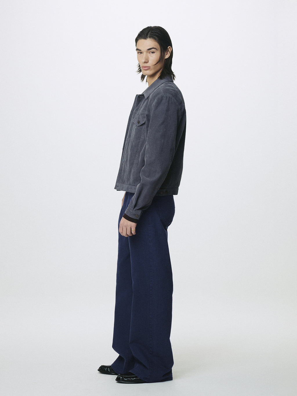 WASHED COTTON TWILL LOOSE FLARED JEANS_ PURPLE BLUE