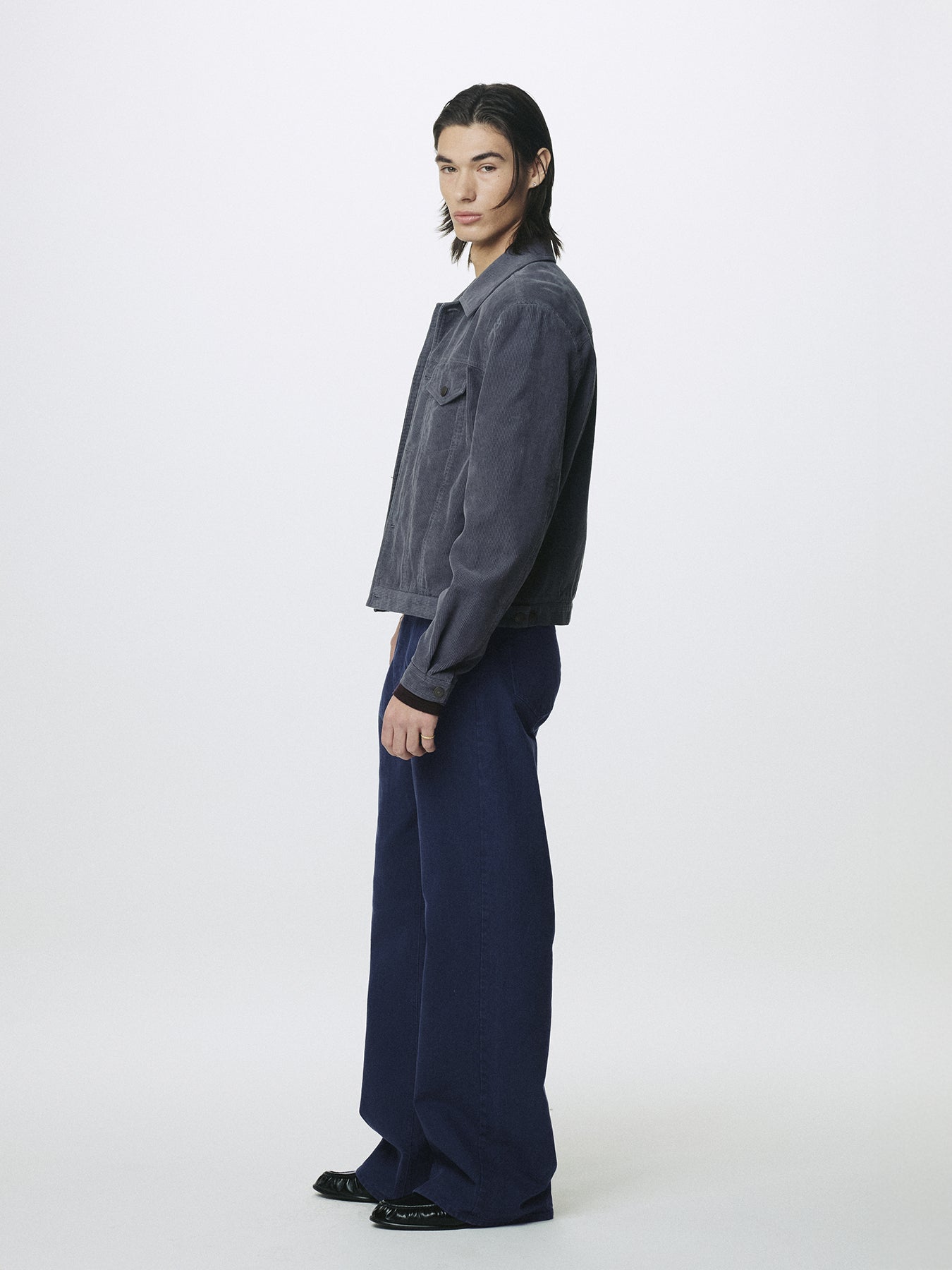 WASHED COTTON TWILL LOOSE FLARED JEANS_ PURPLE BLUE