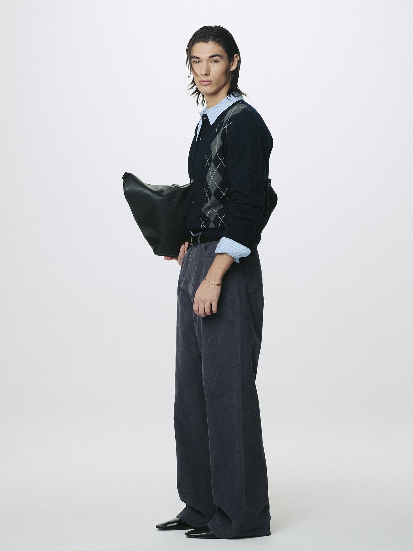 MERINO WOOL ARGYLE CARDIGAN_ NAVY/GREY