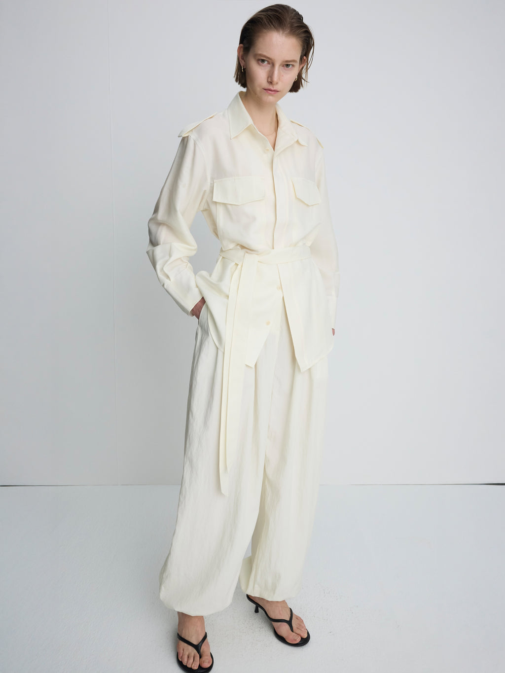 (W) SILK TWILL MILITARY FIELD SHIRT JACKET_ IVORY