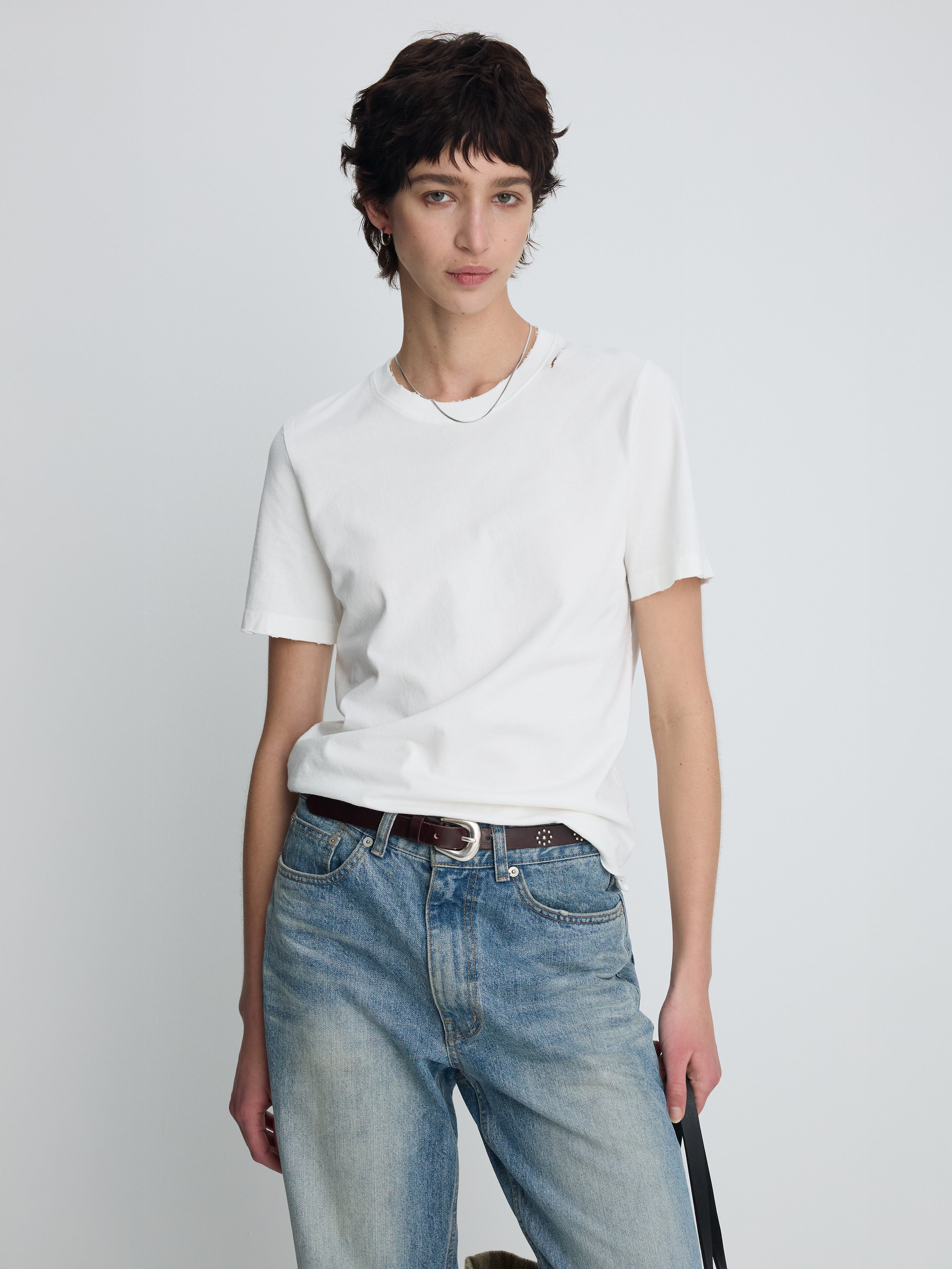 (W) HAND DISTRESSED VINTAGE COTTON T-SHIRT_ WHITE