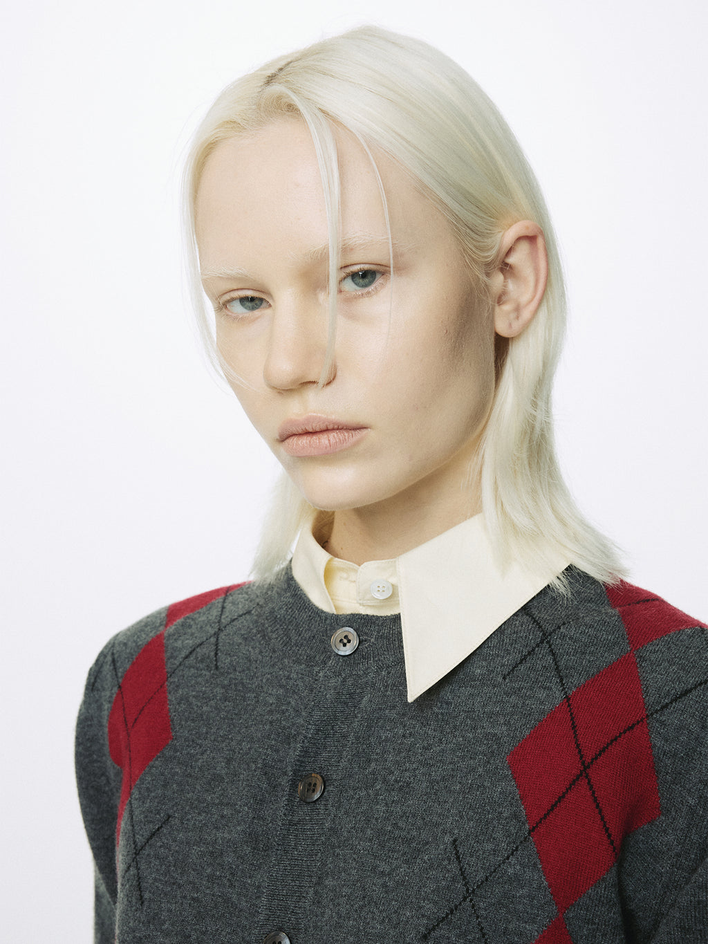(W) MERINO WOOL ARGYLE CARDIGAN_ GREY/RED